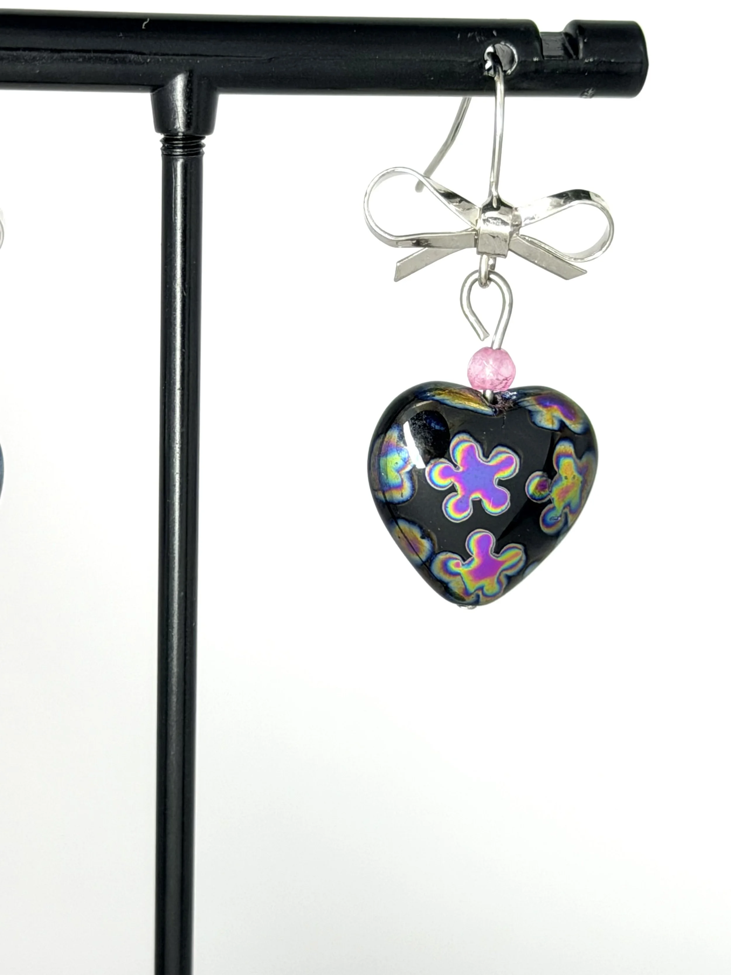 Earrings, Silver Hook with Black and Pink Heart charm