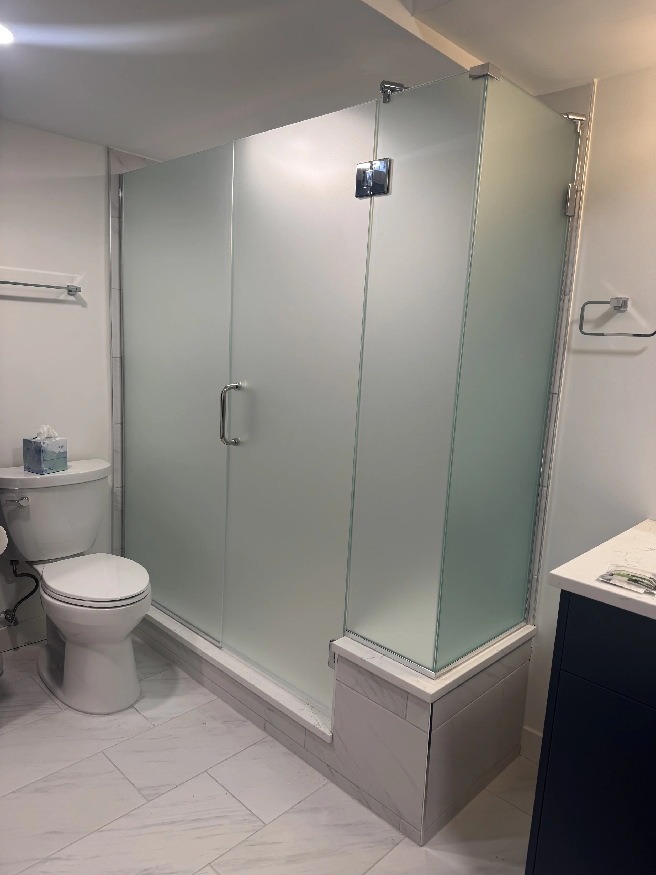 Bathroom with frosted glass shower enclosure, toilet with tissue box on top, and a dark blue vanity with a white countertop.