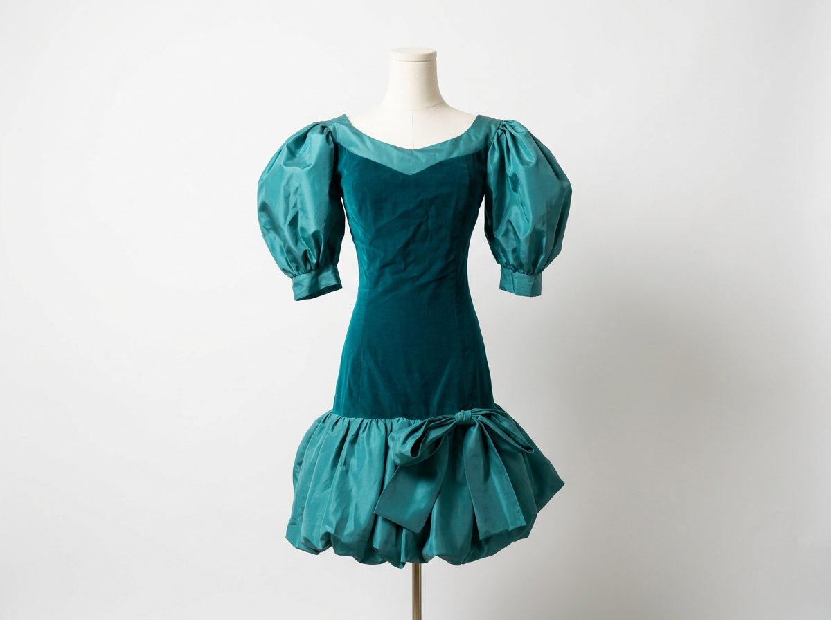 1980s Teal Velvet and Taffeta Bubble-Hem Dress