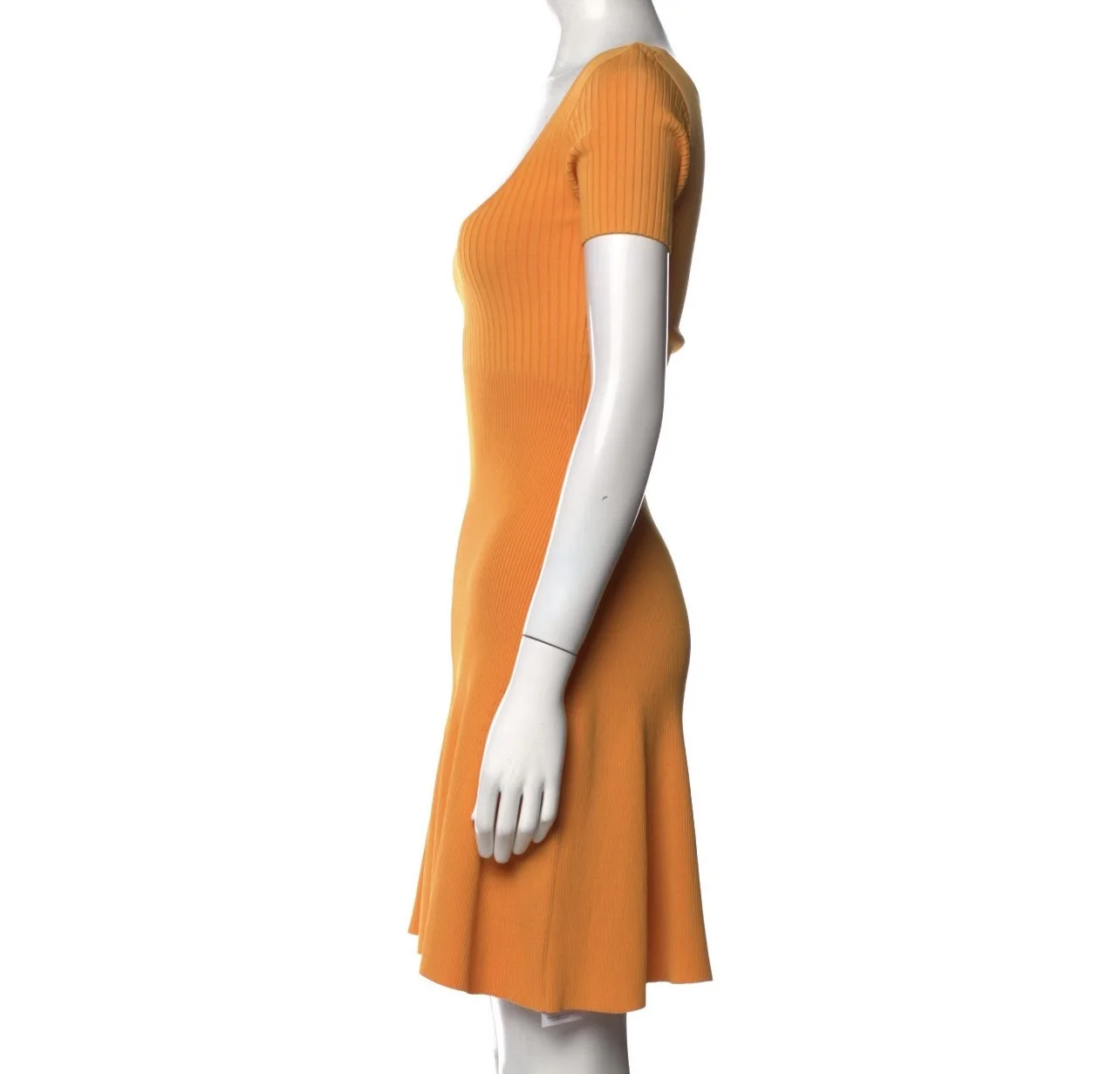 Sandro Paris orange ribbed knit dress side profile flounce hem fitted bodice XS