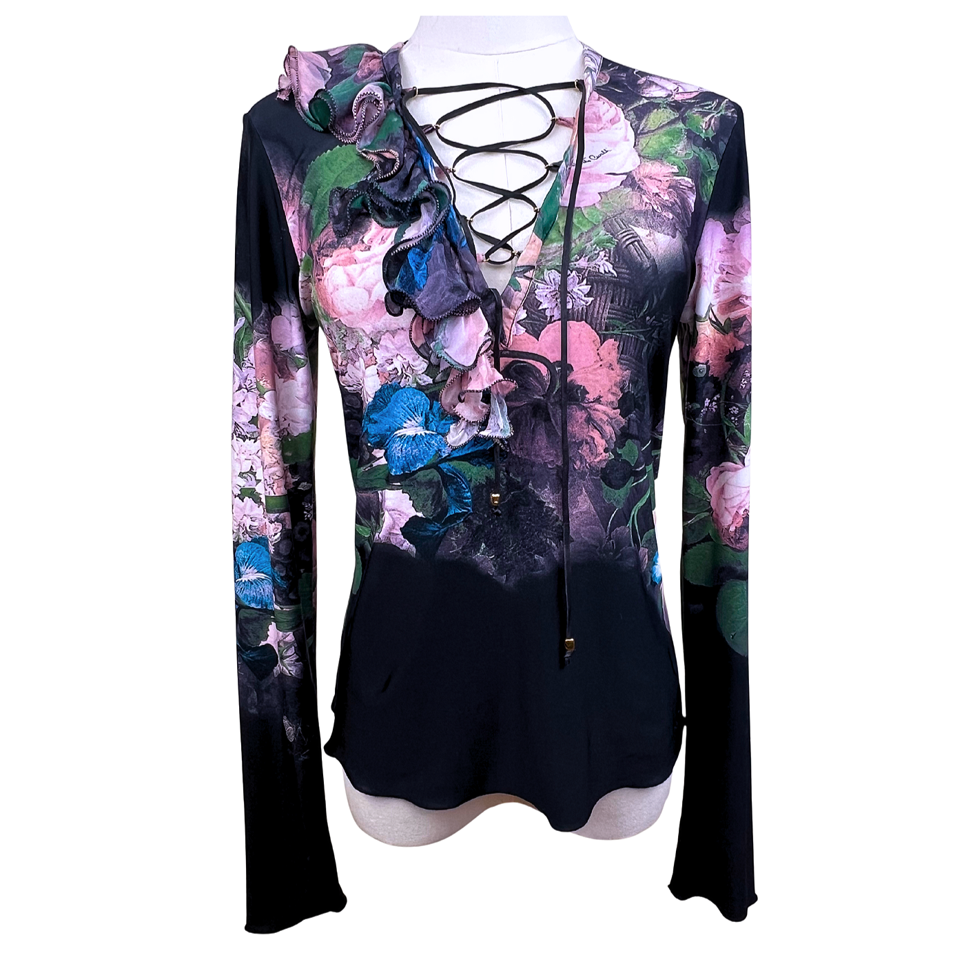 Roberto Cavalli Vintage Floral Lace-Up Ruffle Top