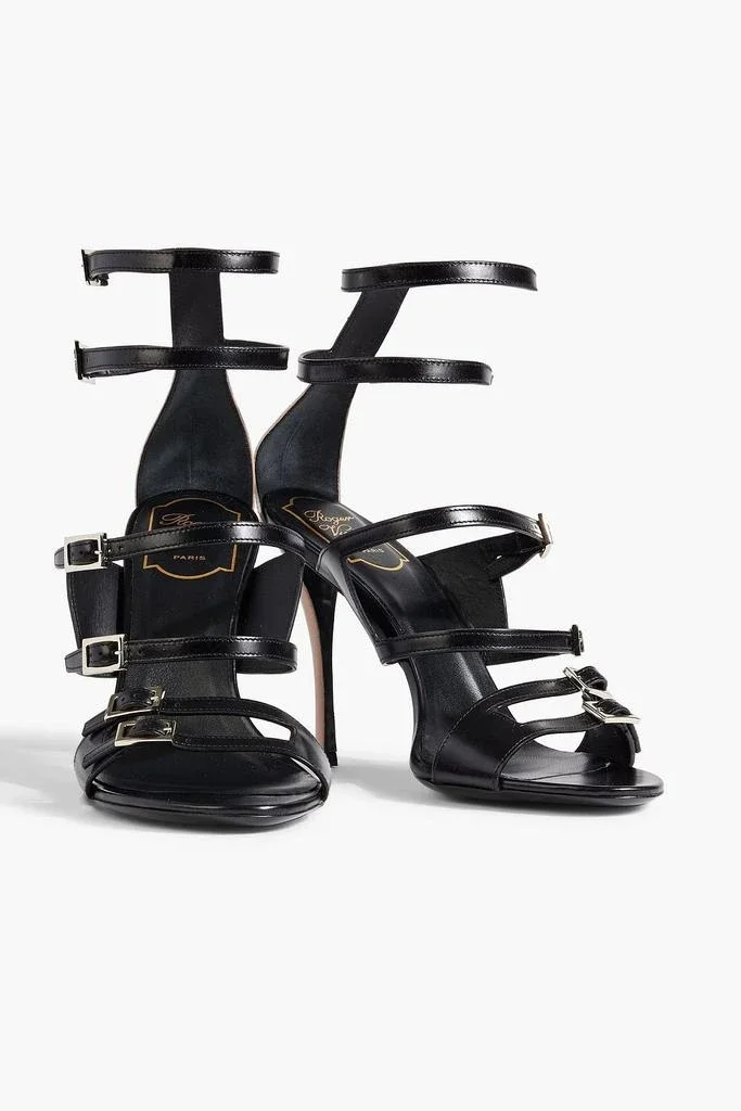 Roger Vivier black leather strappy buckle sandal front view size EU 39