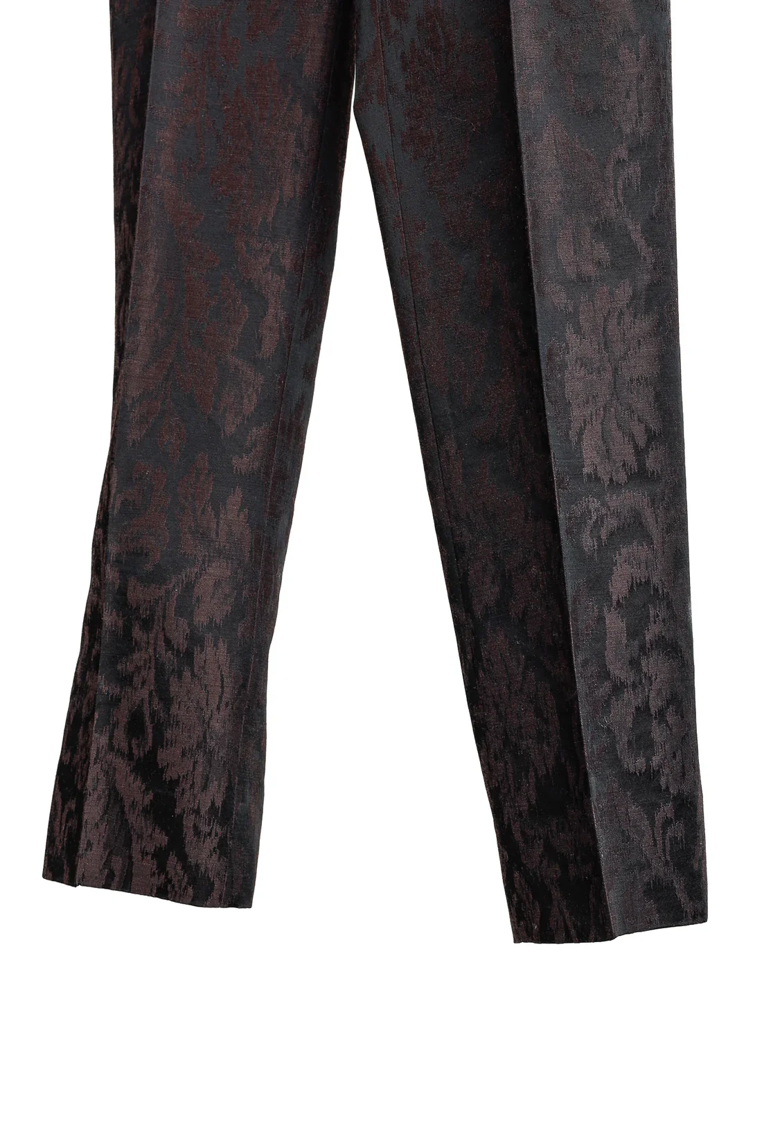 Gucci AW 2012 straight-leg trouser hem and leg line detail — burgundy floral jacquard, clean unlined finish