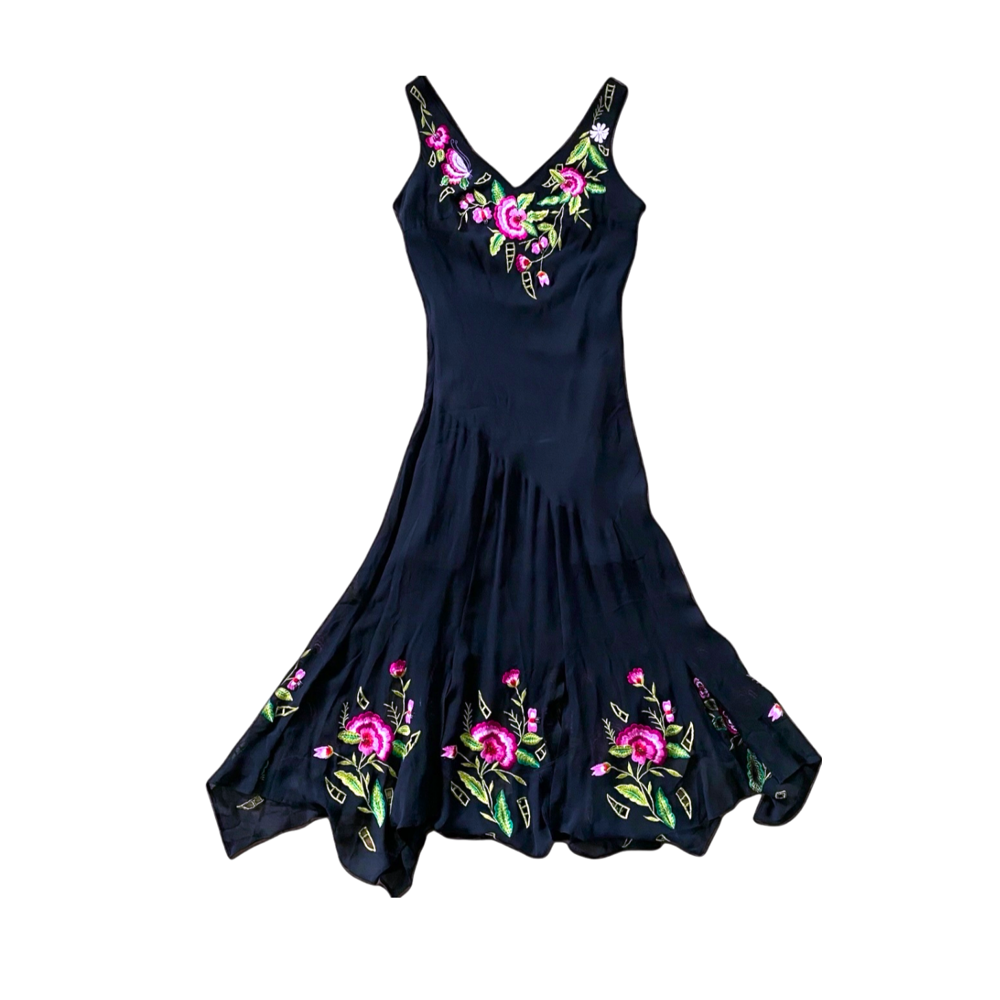 Caché 1990's Hand-Embroidered Floral Embroidered Silk Dress