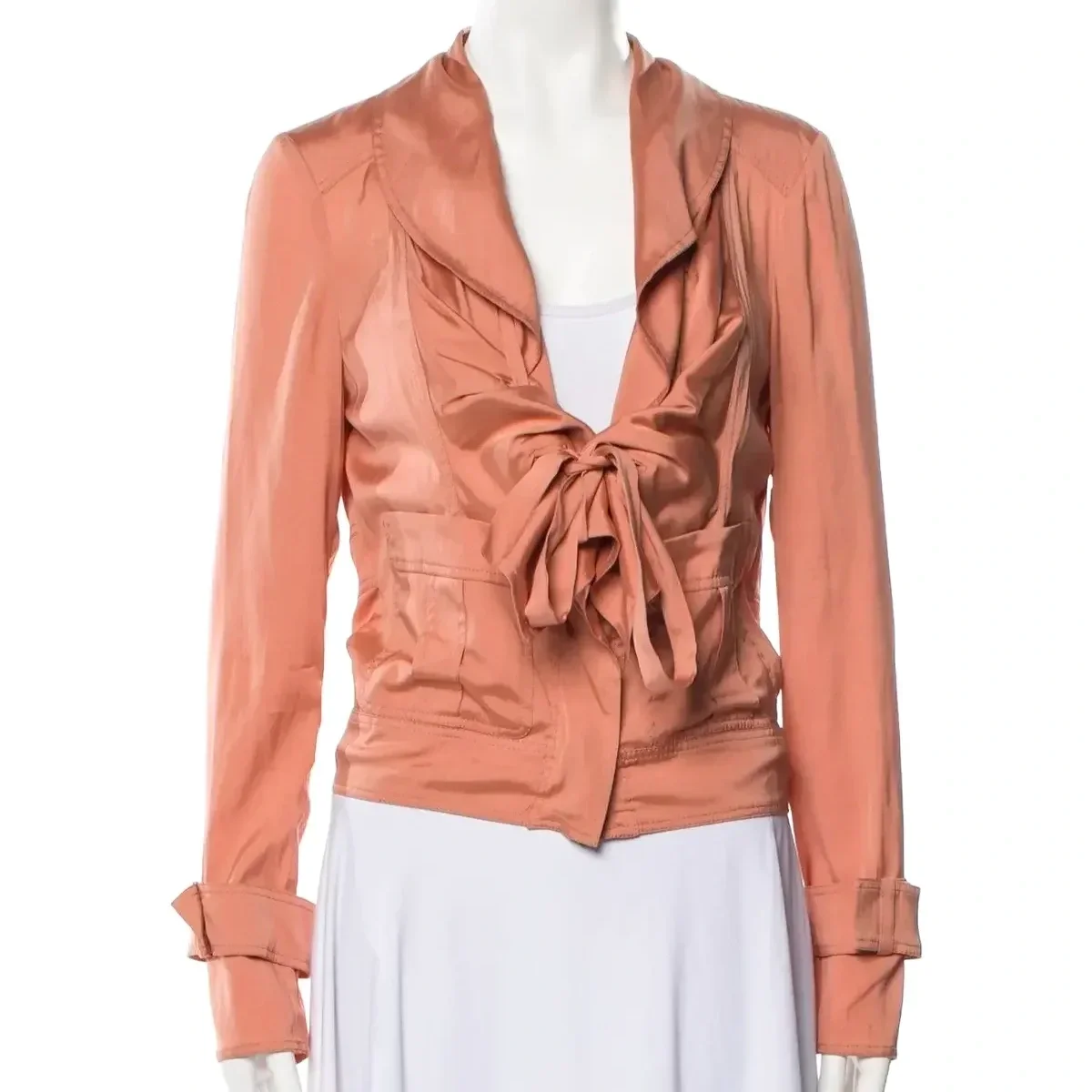 Gucci By Tom Ford 2004 Bow & Ruffle Coral Silk Blouse