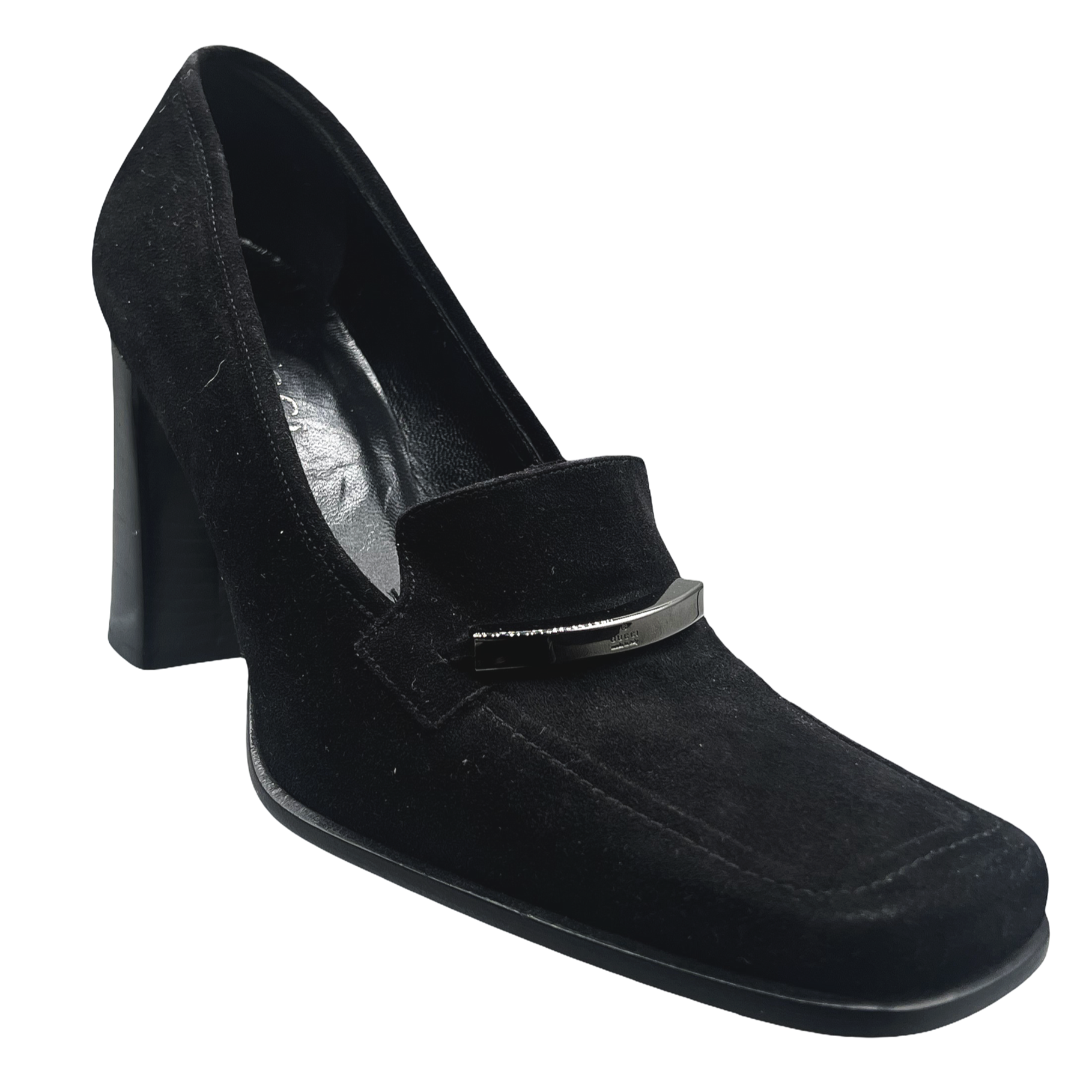 Gucci Black Suede Block-Heel Loafers with Silver Bar – Size 39.5C