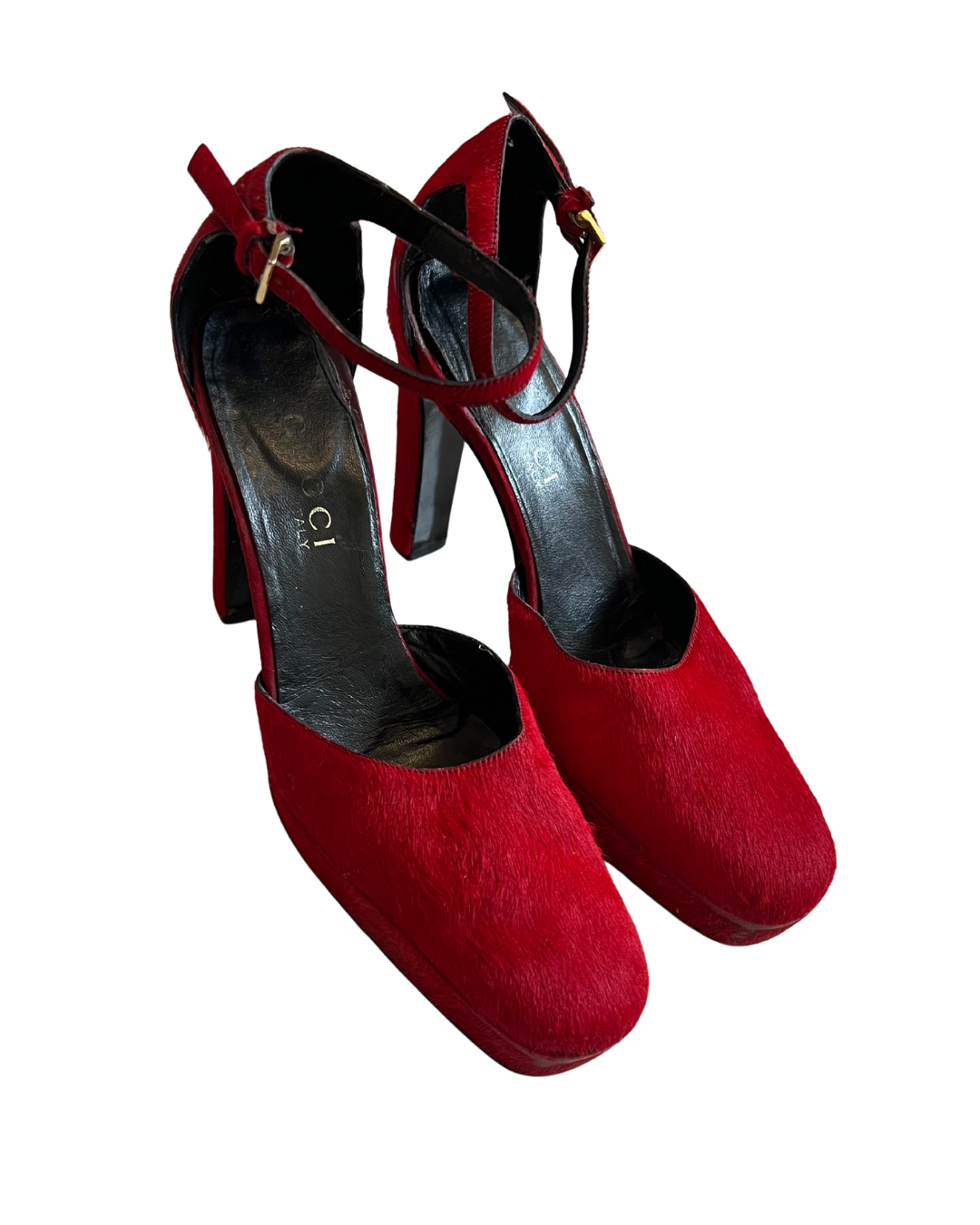 Gucci by Tom Ford red calf hair block heel platform pump back view 1990s archival