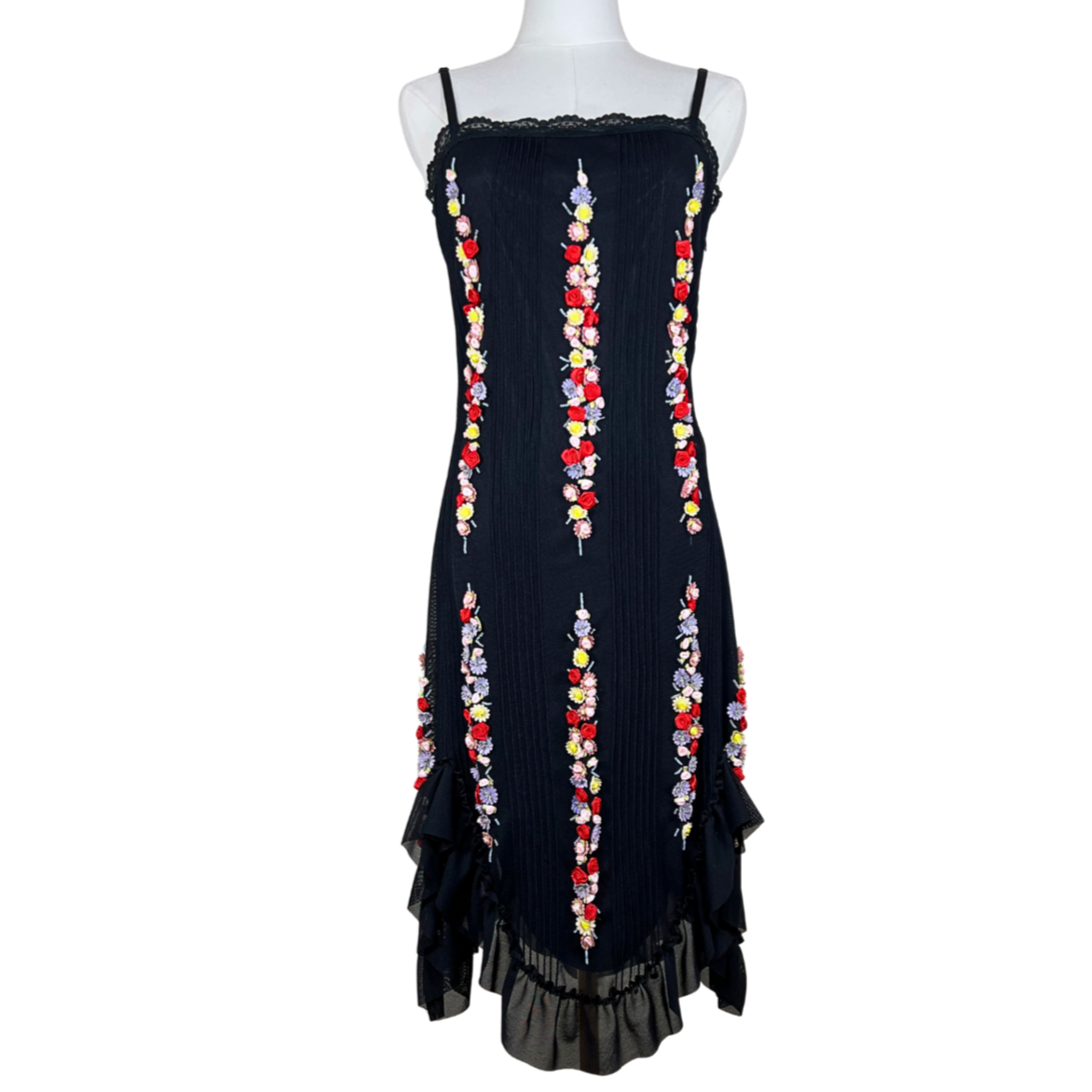Vintage Sue Wong Black Embroidered Floral Midi Dress