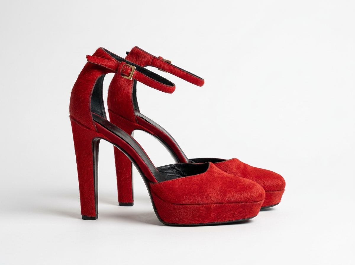 GUCCI BY TOM FORD 1996 RED PONY HAIR PLATFORM ANKLE STRAP HEELS
