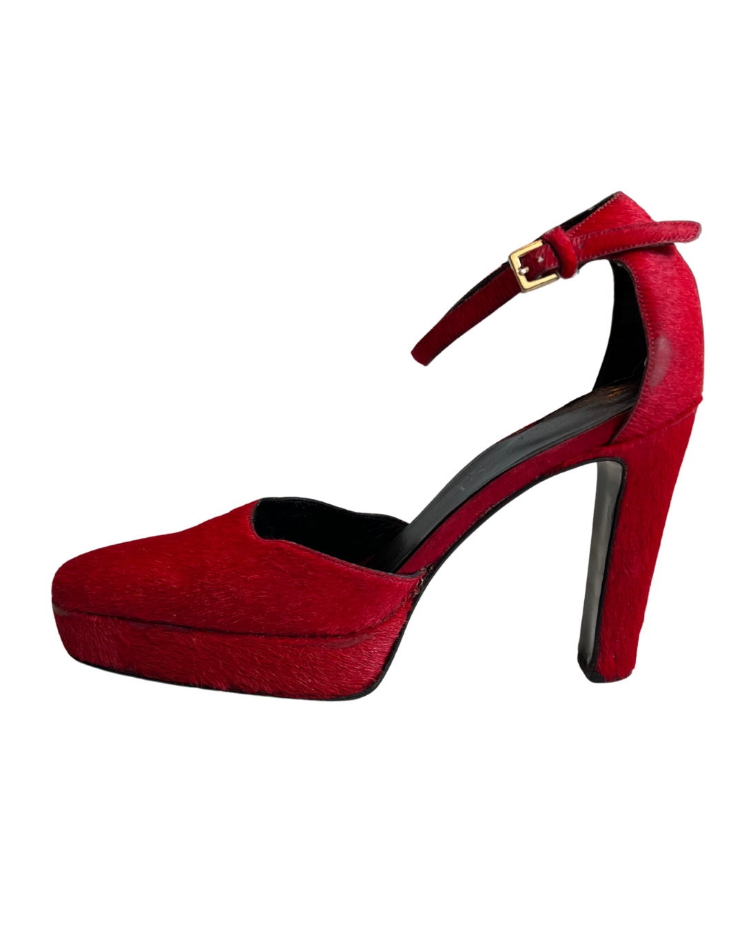 Gucci 1996 red pony skin platform heels ankle strap gold buckle Tom Ford era