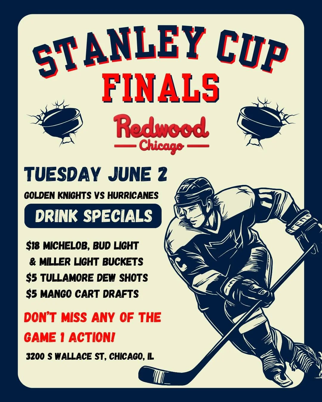 Join us tomorrow for Game 1 of the Stanley Cup Finals! 🏒🥅🔥

Catch every second of the action with:
🍺 $18 Michelob, Bud Light &amp; Miller Lite Buckets
🥃 $5 Tullamore Dew Shots
🥭 $5 Mango Cart Drafts

Big game, cold drinks, and great company &md