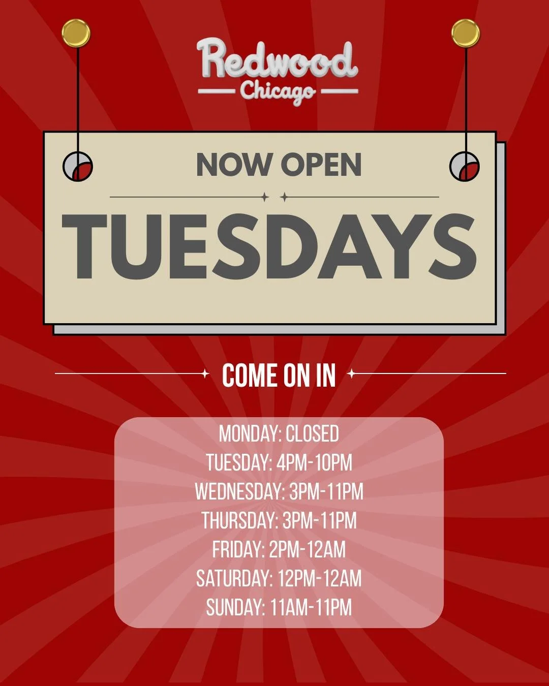 We heard you&hellip; and we&rsquo;re giving you another day to hang with us 🙌

Starting June 2, we&rsquo;re officially OPEN on Tuesdays 🍻

New hours:
Monday: CLOSED
Tuesday: 4pm&ndash;10pm
Wednesday: 3pm&ndash;11pm
Thursday: 3pm&ndash;11pm
Friday: 
