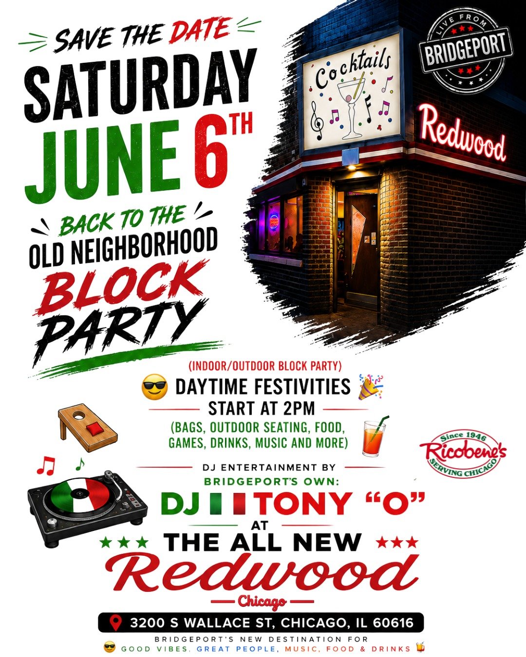 🏘️🔥 BRIDGEPORT&hellip; THIS ONE&rsquo;S FOR THE NEIGHBORHOOD! 🔥🏘️

📅 SATURDAY &bull; JUNE 6TH

We&rsquo;re bringing it BACK TO THE OLD NEIGHBORHOOD WITH AN INDOOR/OUTDOOR BLOCK PARTY at the ALL NEW Redwood Chicago! 🍹🎶

From the old school summ