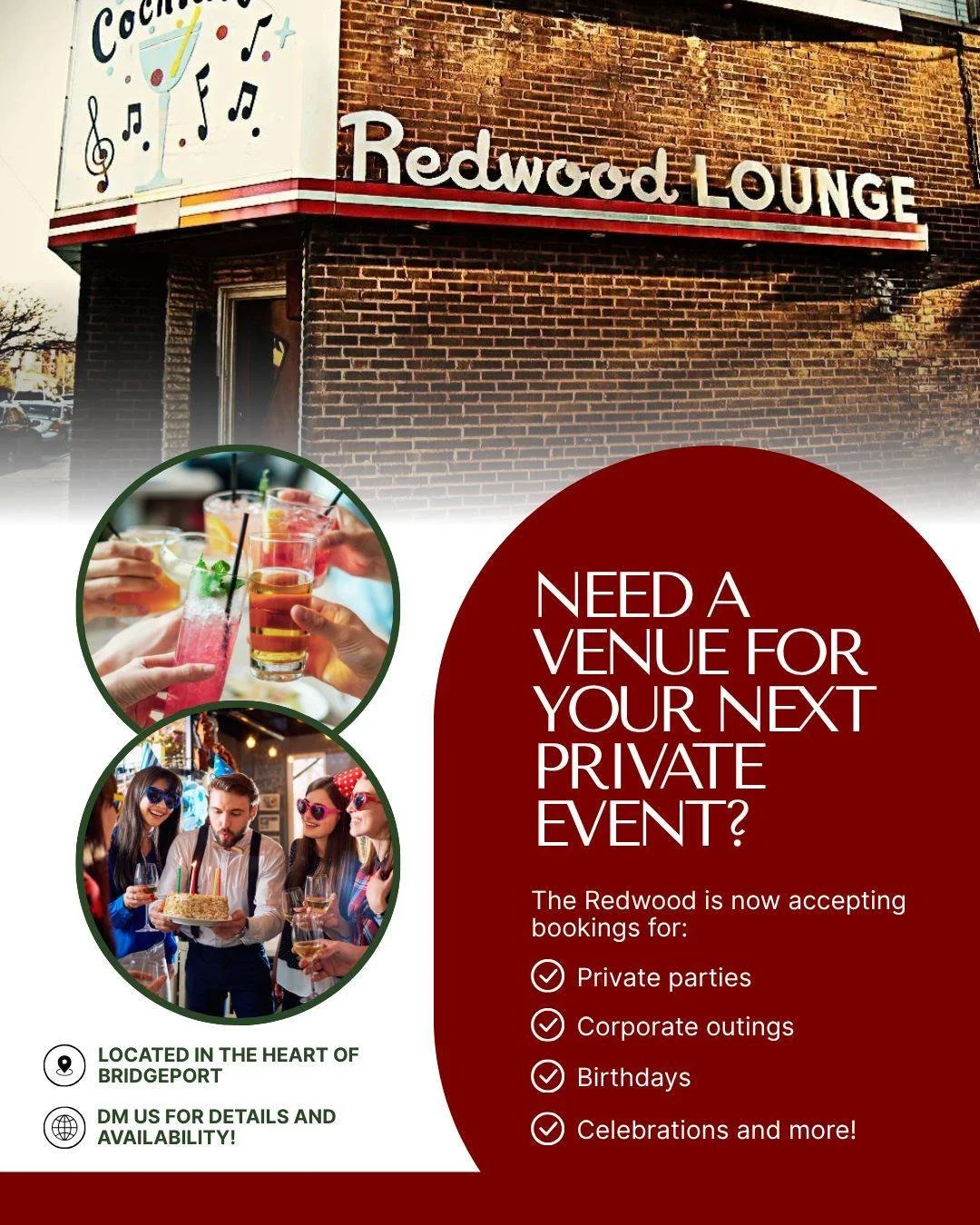 Need a venue for your next private event? 🎉

The Redwood is now accepting bookings for:
	🥃 Private parties
	🍻 Corporate outings
	🎂 Birthdays
	🎓 Celebrations &amp; more

DM us for details and availability!