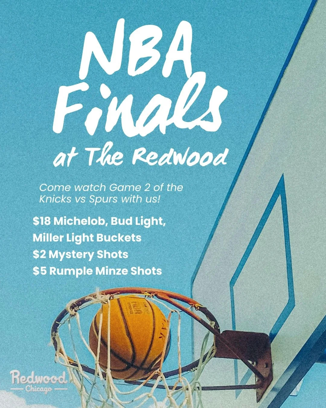NBA Finals Game 2 tomorrow night &mdash; don&rsquo;t miss it! 🏀 🔥

Pull up and watch the game with:
🍺 $18 Michelob, Bud Light &amp; Miller Lite Buckets
🎲 $2 Mystery Shots
🥃 $5 Rumple Minze Shots

Knicks vs Spurs &mdash; let's do it 🔊🍻 

#Redwo