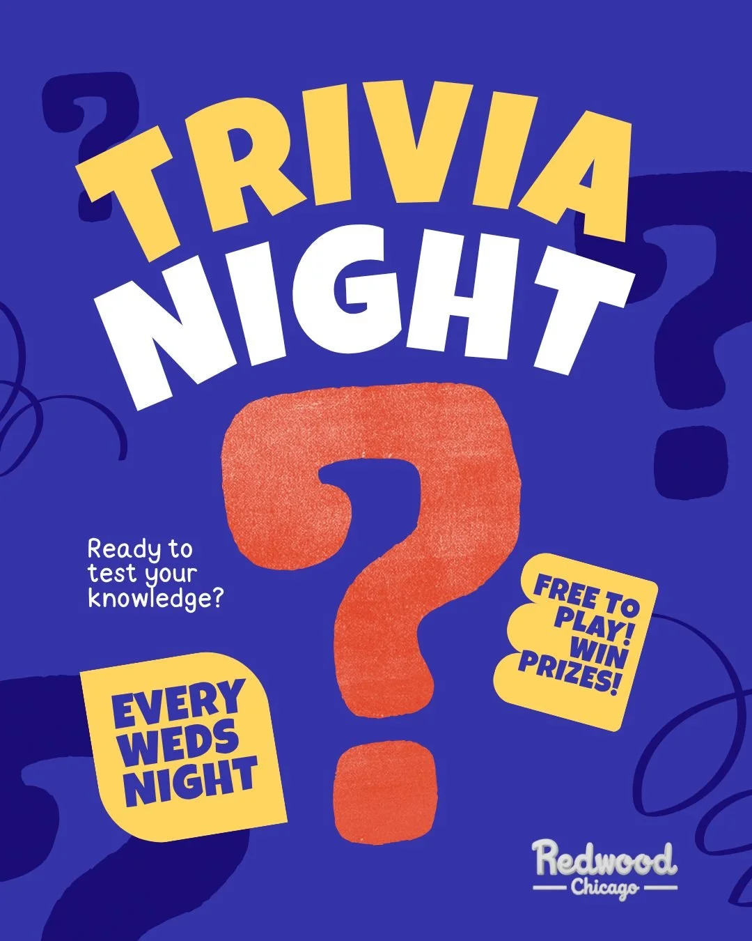 🧠🍻 Trivia starts this week at Redwood Chicago! 🍻🧠

Grab your smartest friends and join us every Wednesday for a night of fun, friendly competition, and great drinks. 
 
✨ FREE to play�
🏆 Win prizes�
📅 Every Wednesday

Think you've got what it t