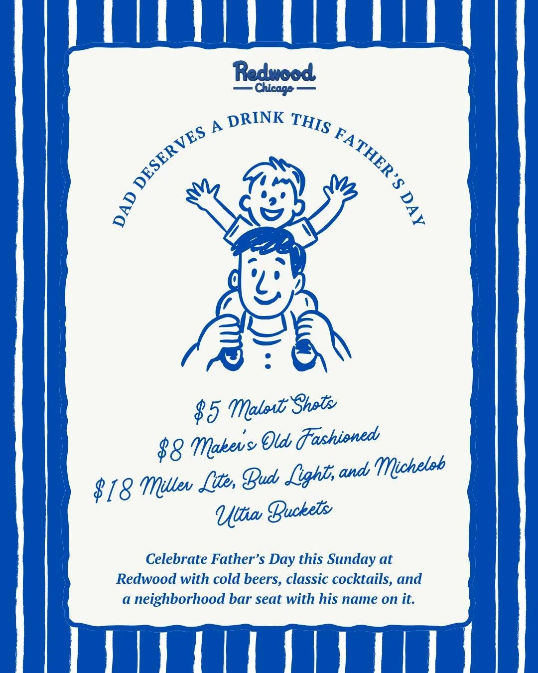 Dad deserves a drink 🍻

Celebrate Father&rsquo;s Day this Sunday at Redwood with cold beers, classic cocktails, and a neighborhood bar seat with his name on it 🪑✨

Whether you&rsquo;re bringing Dad out, meeting the family for a drink, or just raisi