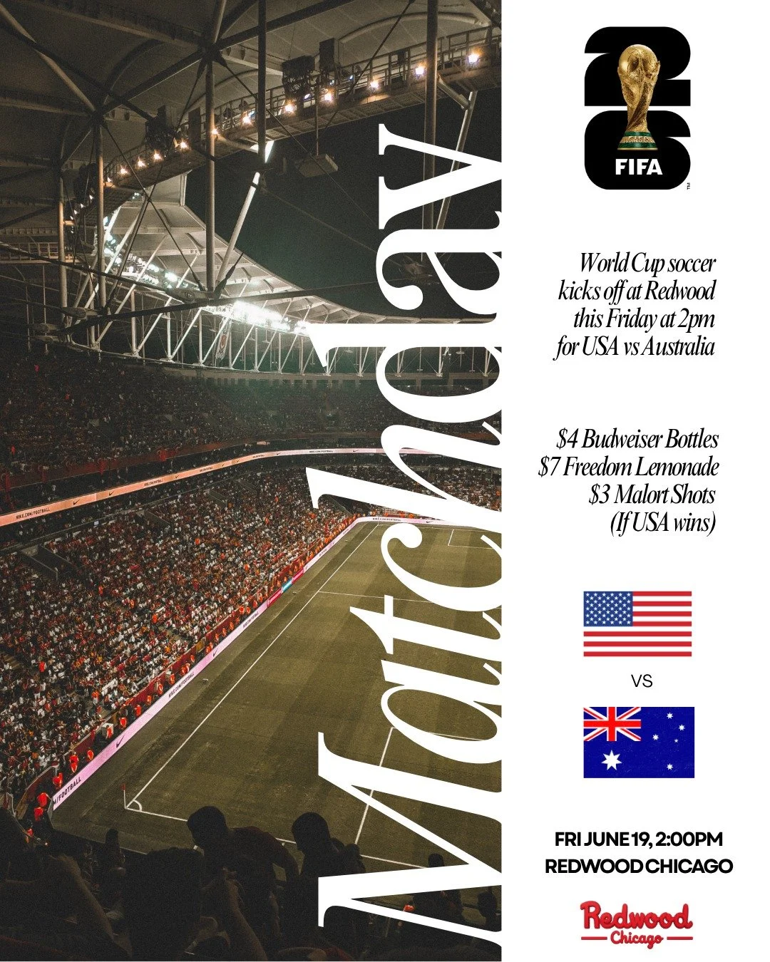 🇺🇸🇦🇺⚽️ USA vs Australia this Friday

World Cup action starts right when we open&mdash;kick off your Friday with us as the U.S. takes the field at 2PM 🔥

We&rsquo;ve got the game on, cold drinks flowing, and USA-themed specials all match long:
🍺