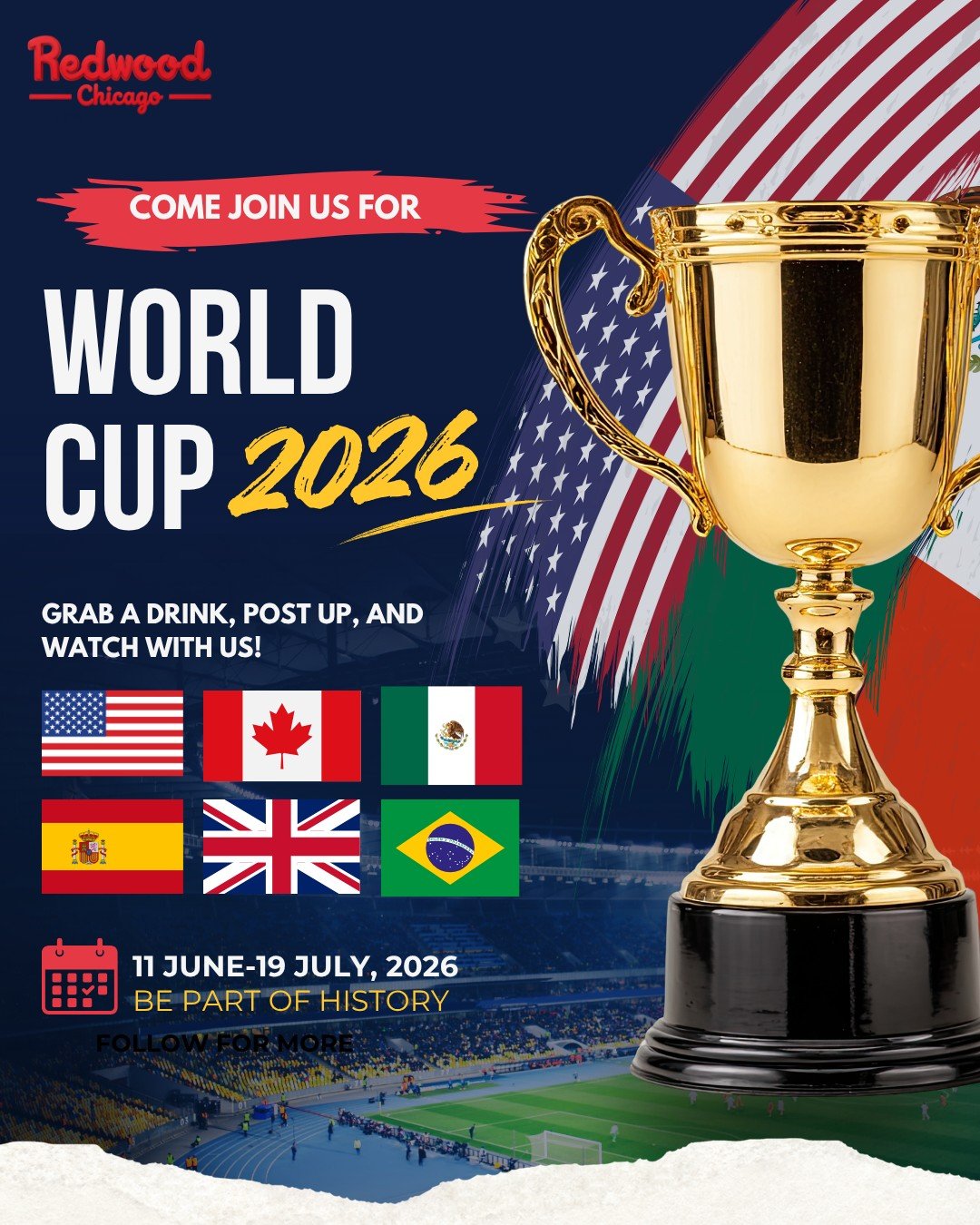 FIFA WORLD CUP 2026 IS HERE ⚽️ 🌍🔥

If we're open and there&rsquo;s a game on&hellip; it&rsquo;s on our TVs 📺🍻

Grab your crew, pick your side, and catch every goal with us 🙌 

#RedwoodChicago #WorldCup2026 #ChicagoBars #GameDayVibes