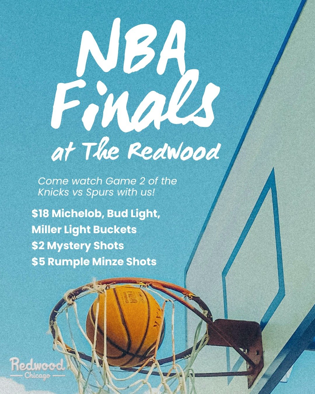 NBA Finals Game 2 tomorrow night &mdash; don&rsquo;t miss it! 🏀 🔥

Pull up and watch the game with:
🍺 $18 Michelob, Bud Light &amp; Miller Lite Buckets
🎲 $2 Mystery Shots
🥃 $5 Rumple Minze Shots

Knicks vs Spurs &mdash; let's do it 🔊🍻 

#Redwo