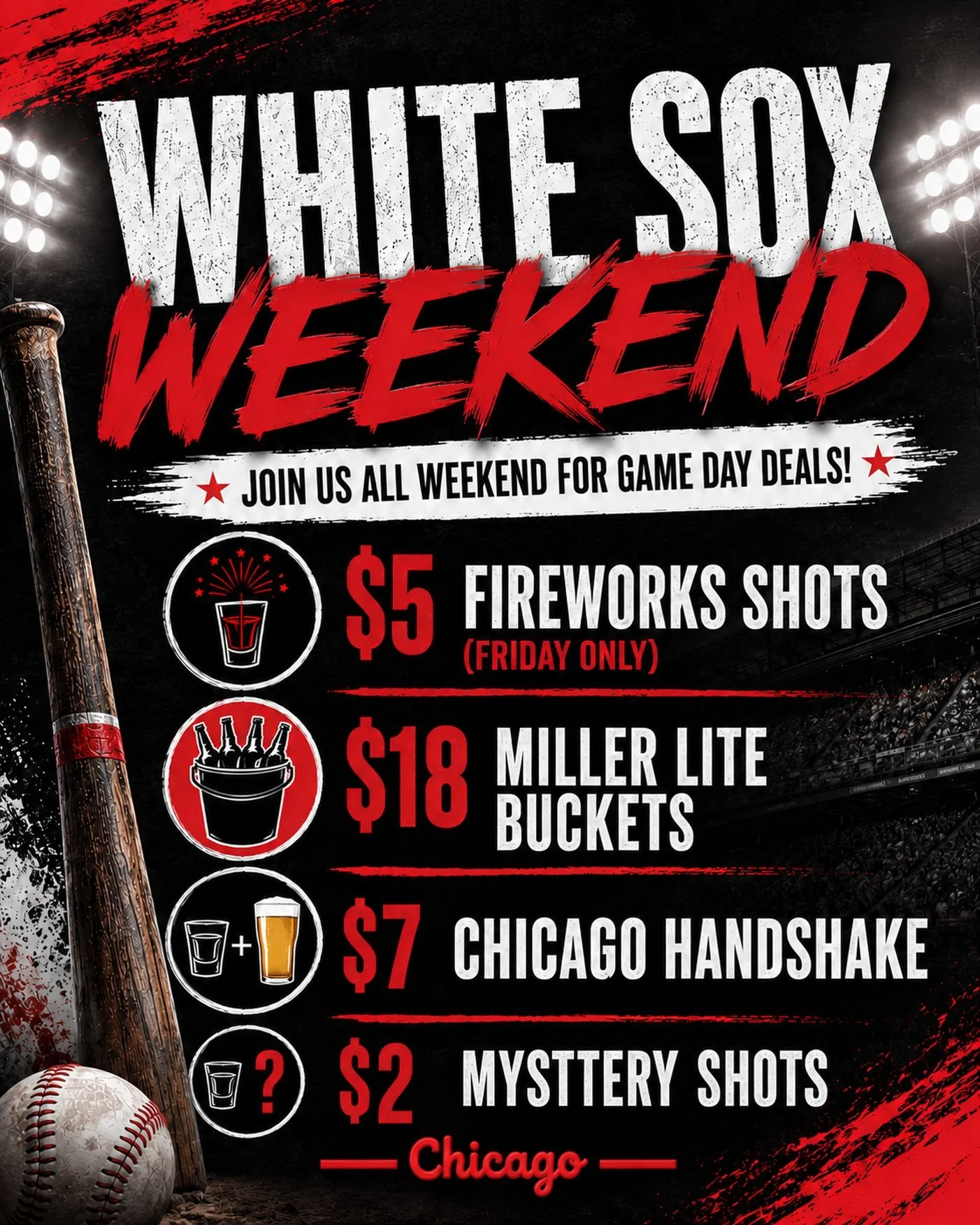 ⚾️ White Sox weekend starts here! 🍻

Join us all weekend long for game day drink specials before, during, and after the game.

🔥 $5 Fireworks Shots (Friday Only)
🍺 $18 Miller Lite Buckets
🍻 $7 Chicago Handshake (Old Style Draft + Shot of Mal&ouml