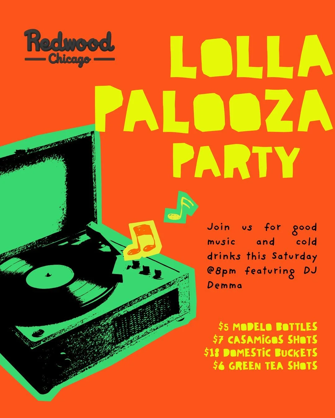 Skip the $300 festival ticket... we've got the vibes covered. 😎🎧🍻

Join us this Saturday at 8 PM for our Lollapalooza Party featuring DJ Demma spinning all night long! Great music, cold drinks, and no festival crowds. 🎶🔥

🍺 $5 Modelo Bottles
🥃