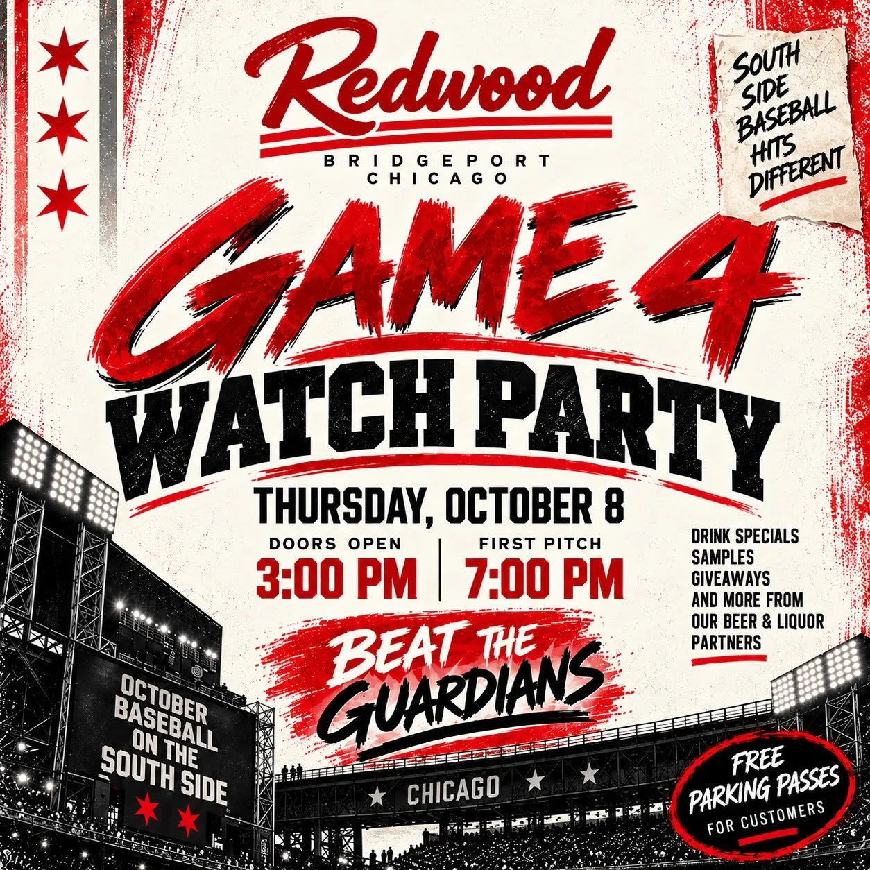 🚨 GAME TIME UPDATE! 🚨

⚾️ GAME 4. LET&rsquo;S FINISH THIS. ⚾️

October baseball belongs on the South Side! 🖤

The White Sox are back at it Thursday, and we&rsquo;re bringing the playoff atmosphere to Bridgeport for another HUGE watch party!

🔥 BE