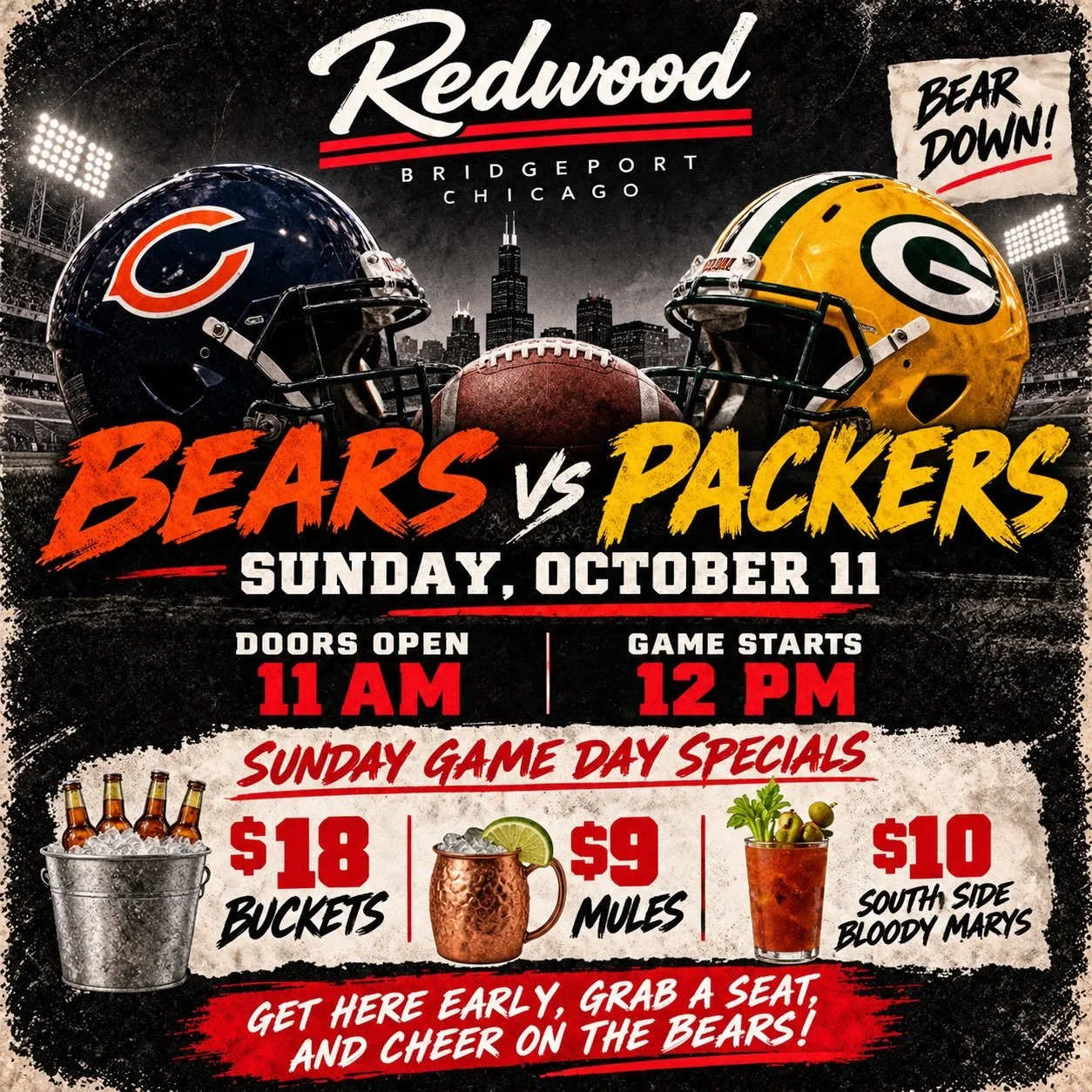 🐻 BEARS vs. PACKERS &mdash; RIVALRY SUNDAY! 🏈

The oldest rivalry in football is BACK, and there&rsquo;s no better place to watch than The Redwood Chicago! 🍻

We&rsquo;re calling on all Bears fans to pack the bar, bring the energy, and help us che