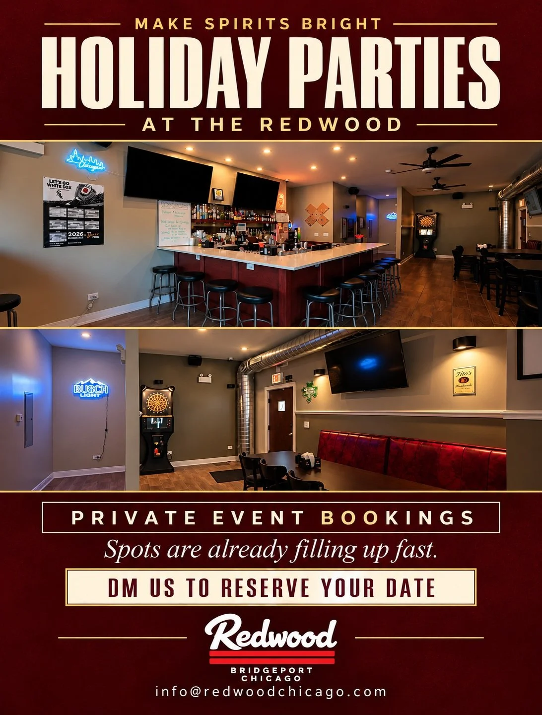 Your crew. Your celebration. Your neighborhood tavern. 🥂🎄

Book your holiday party at The Redwood Chicago! From office parties to holiday get-togethers with friends, let&rsquo;s get your celebration on the calendar.

Spots are already filling up fa