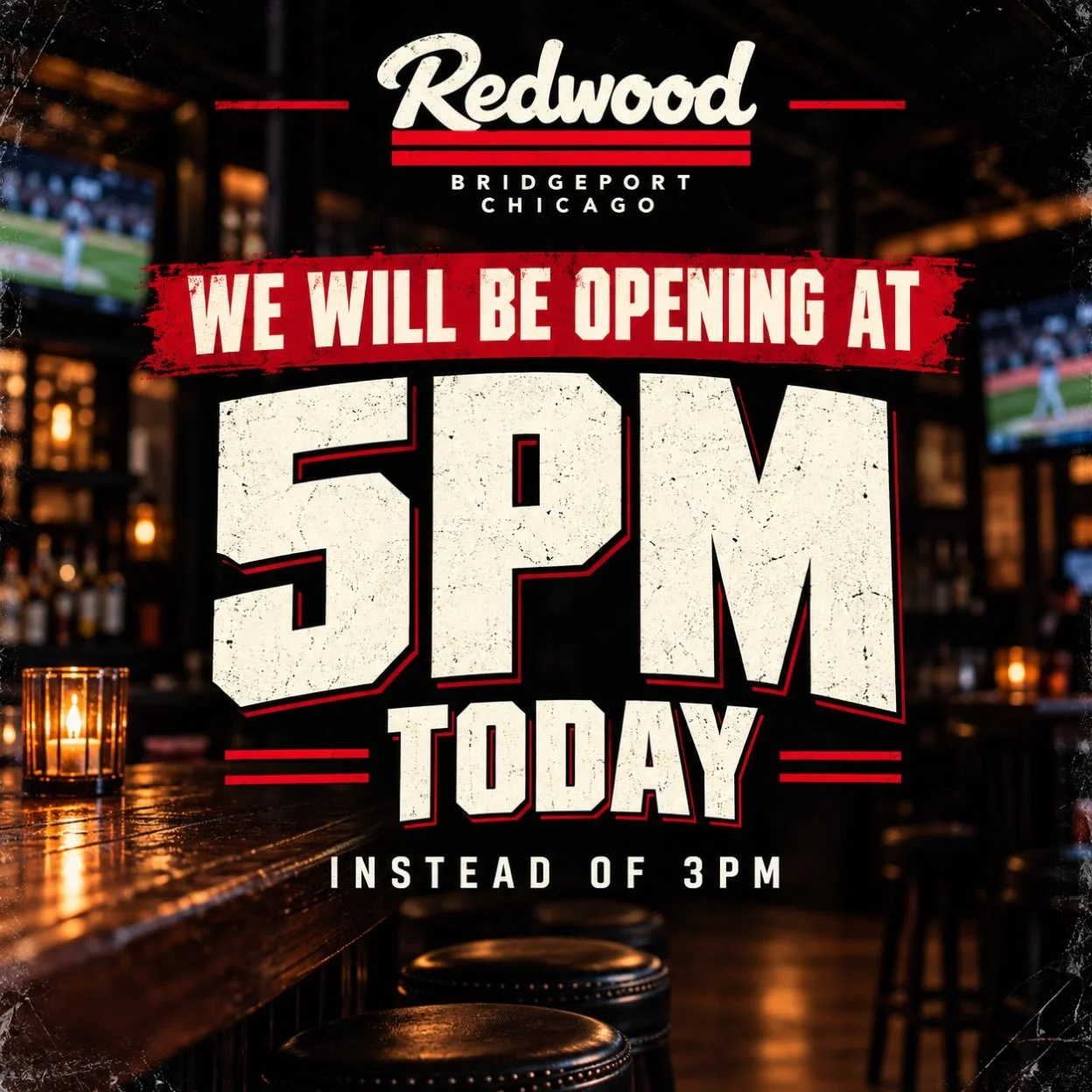 🚨 UPDATE TO TODAY&rsquo;S HOURS 🚨

We&rsquo;ll be opening a little later than usual today! Doors will open at 5 PM instead of 3 PM.

Thanks for your understanding. We&rsquo;ll see you tonight for a few cold ones! 🍻

📍 The Redwood | Bridgeport, Ch