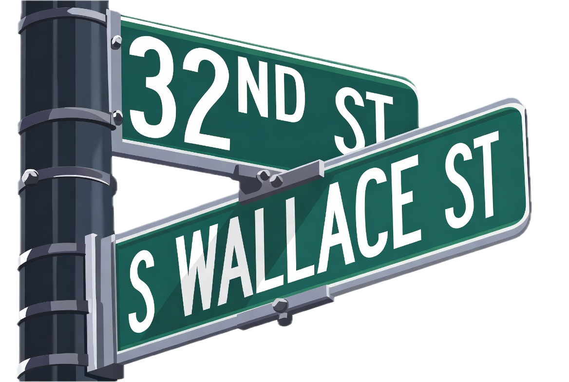 Street signs at the intersection of 32nd Street and South Wallace Street.