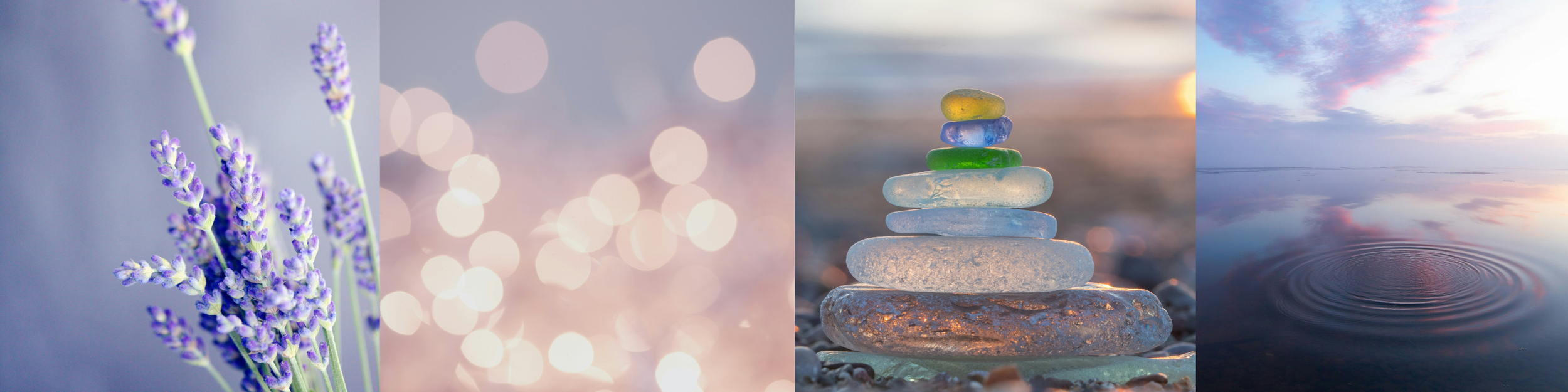 Four image banner, first image is lavender, second is abstract sparkling circles, third is glass pebbles stacked on a beach, fourth is still lake with purple sunset