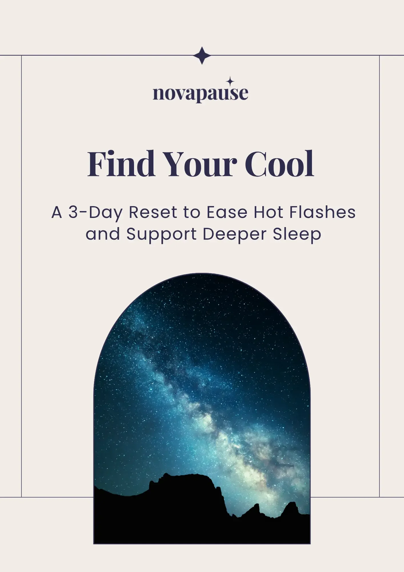 The cover of 'Find your Cool: 3-Day Reset' guide showing a silhouette of mountains under a starry night sky, viewed through a circular window.