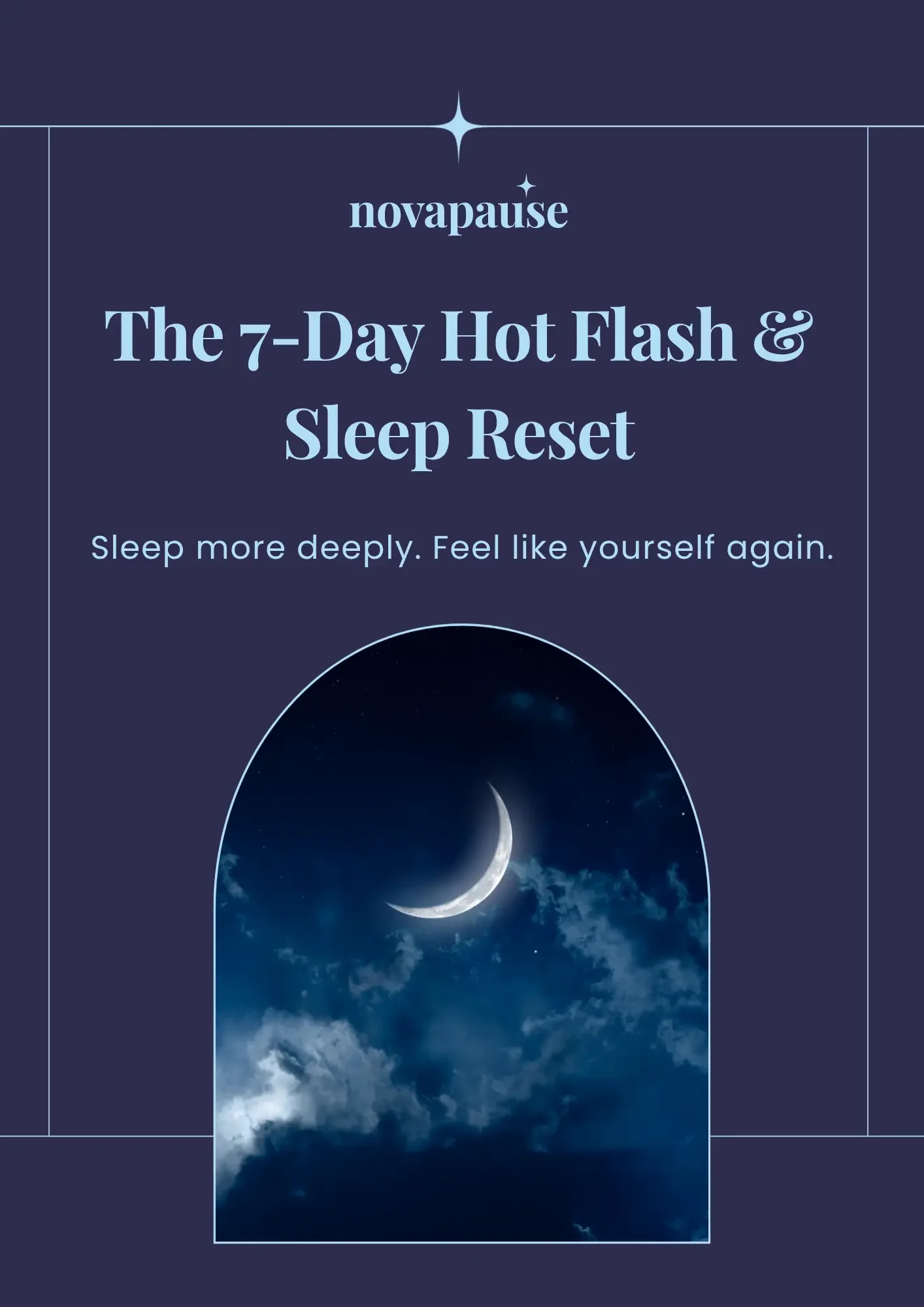 The cover of the complete 7-Day Reset Guide showing a dark, night sky with clouds and a crescent moon, viewed through a circular window.