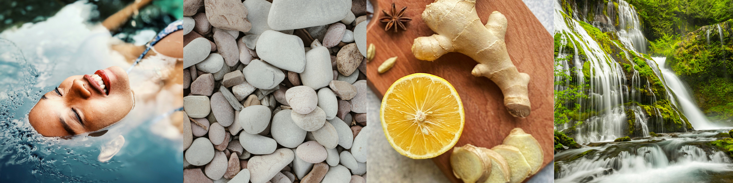 A woman smiling and swimming in a body of water, with large rocks, ginger root, lemon, star anise, and cardamom on a wooden surface, and a lush green waterfall in the background.