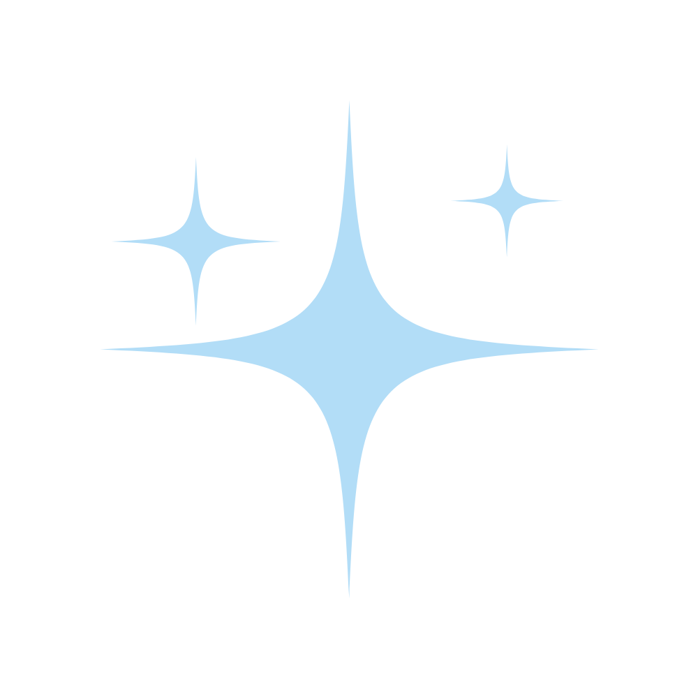 Illustration of three stars or sparkles in a light blue color.