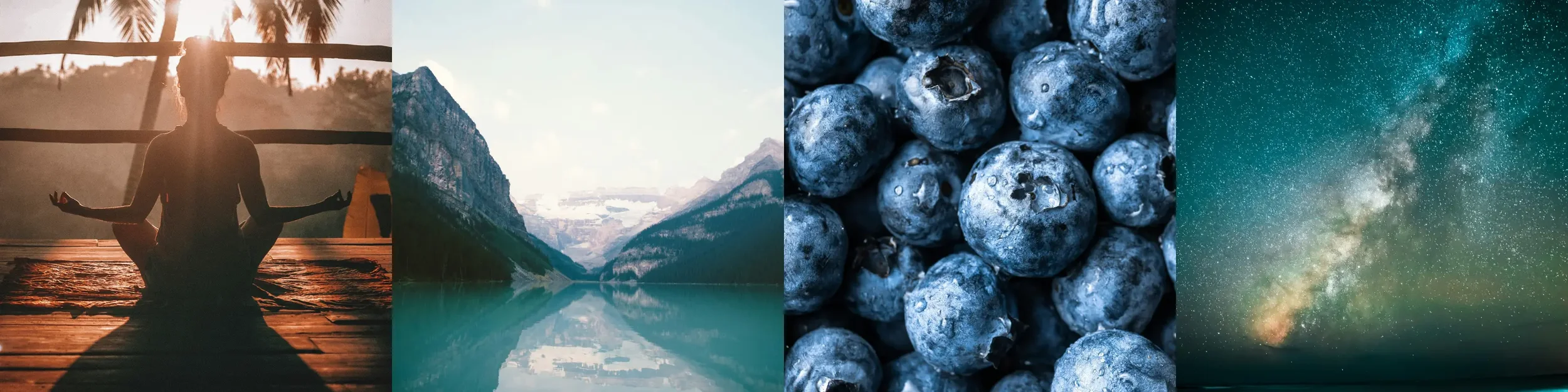 4 image banner showing woman meditating, mountain scenery, blueberries, starry night