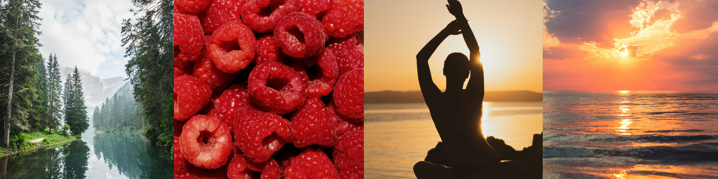 Four image banner, first image is of a river in a forrest with a mountain in the distance, second image is a close-up of raspberries, third image is a woman's silhouette as she stretches her arms up, fourth is an ocean sunset