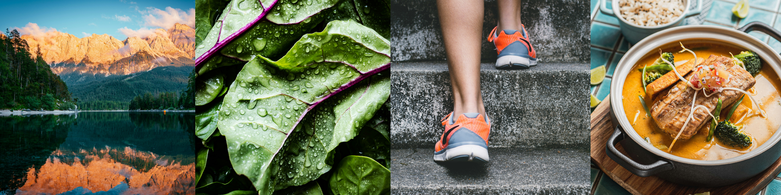Banner of four images - scenic mountain scape, close-up of leafy greens, close-up of woman's feet walking up stairs, healthy salmon meal in a bowl.