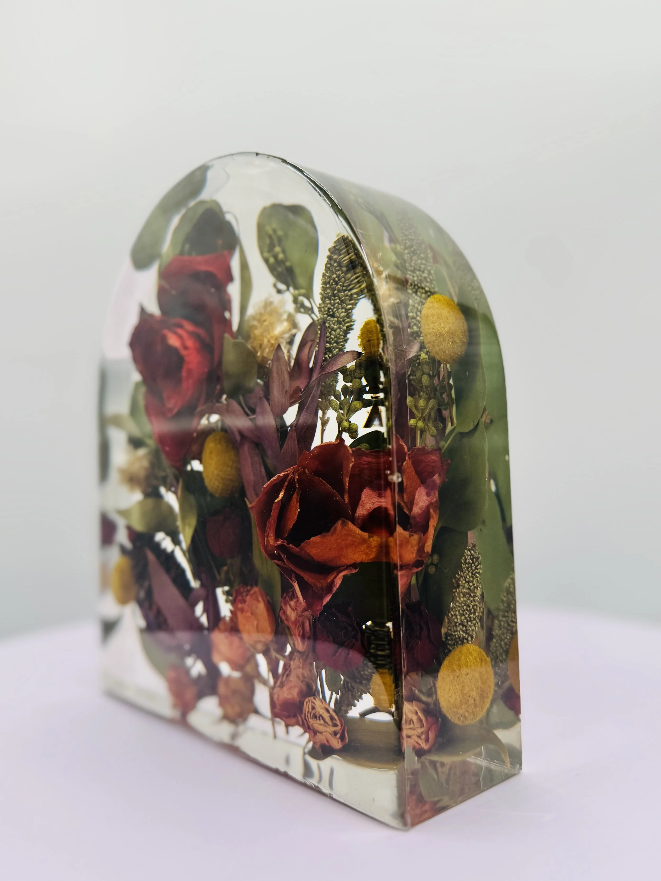Wedding bouquet preserved in custom floral resin arch – Omaha floral preservation artist