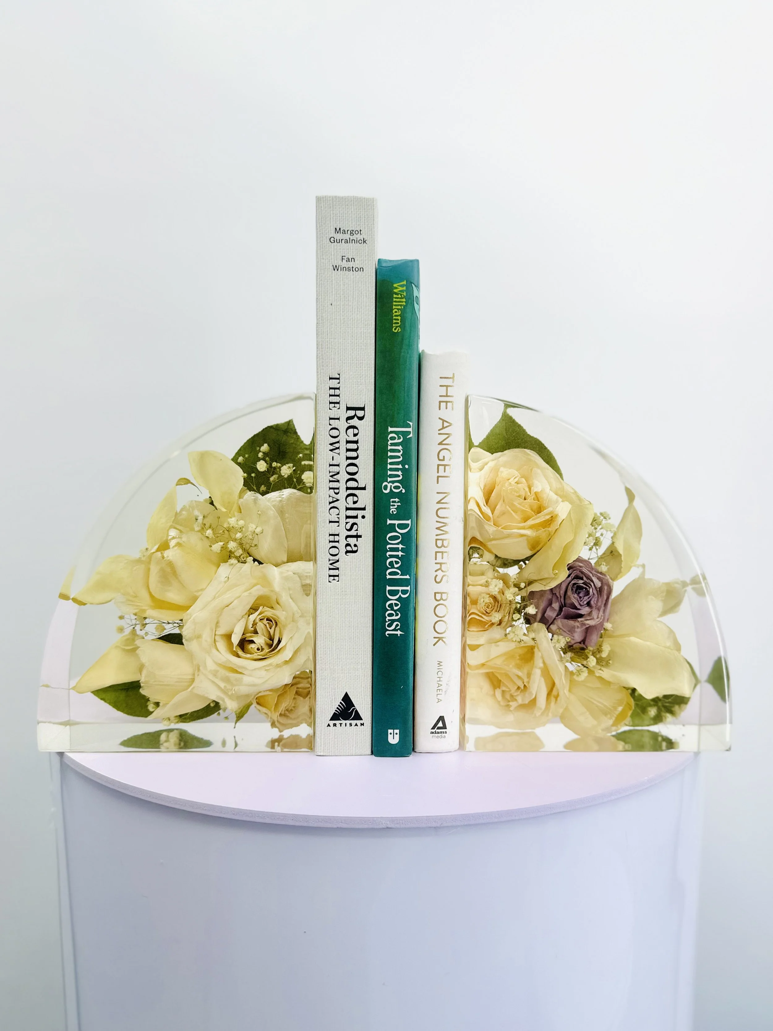 Wedding bouquet preserved in custom floral resin bookends – Omaha floral preservation artist