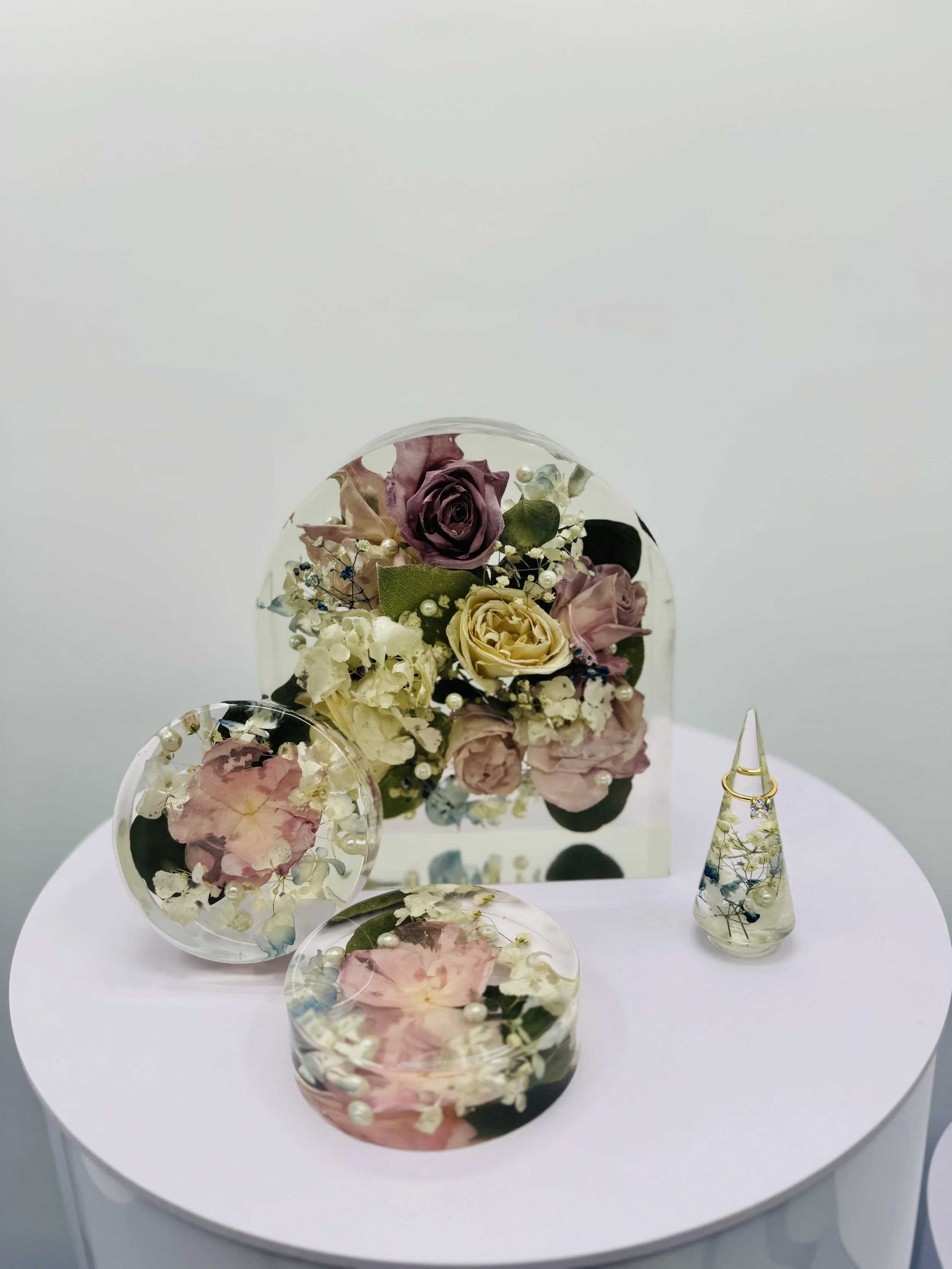 wedding bouquet preserved in dimensional floral resin coaster