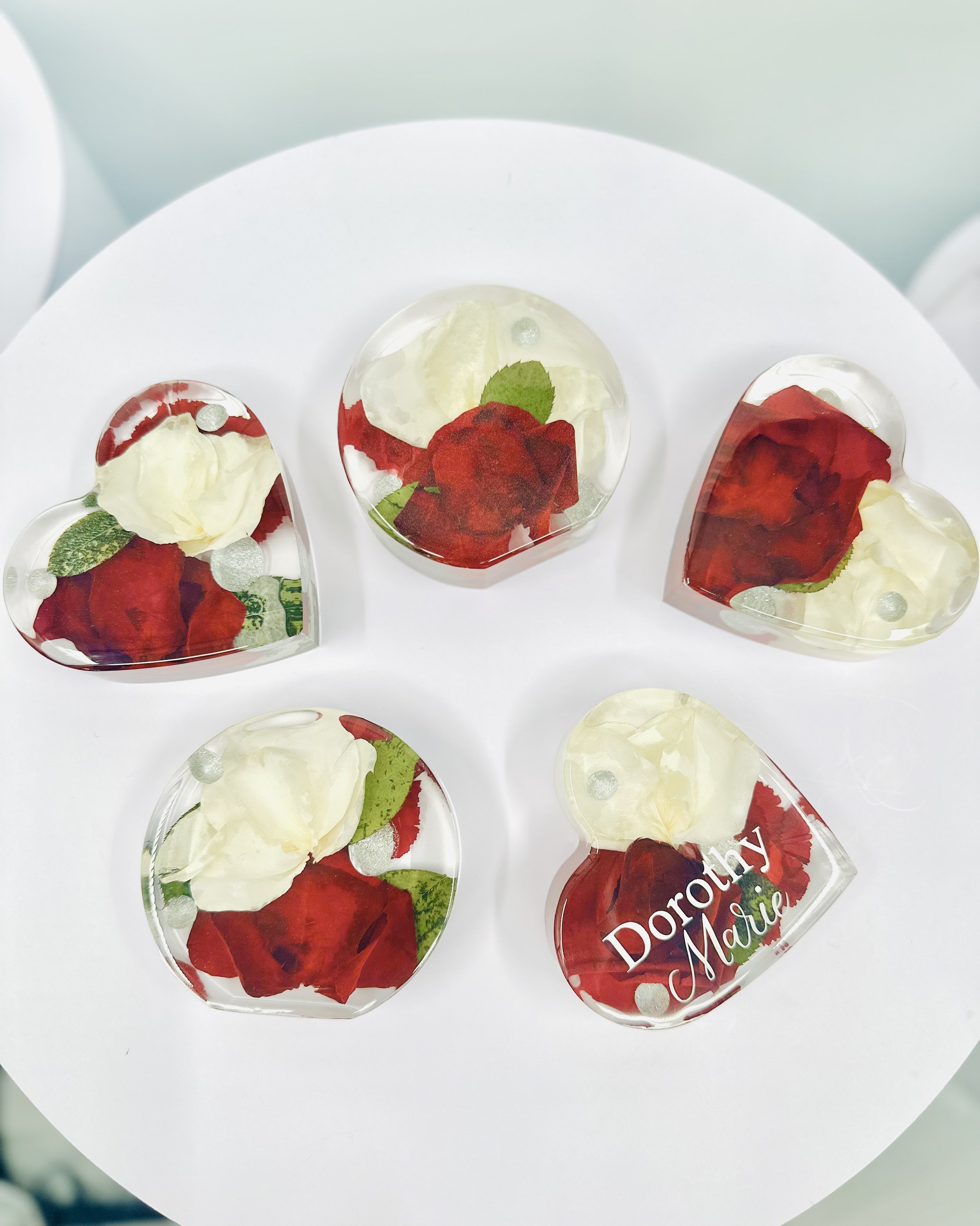 memorial flowers preserved in standing floral paperweight