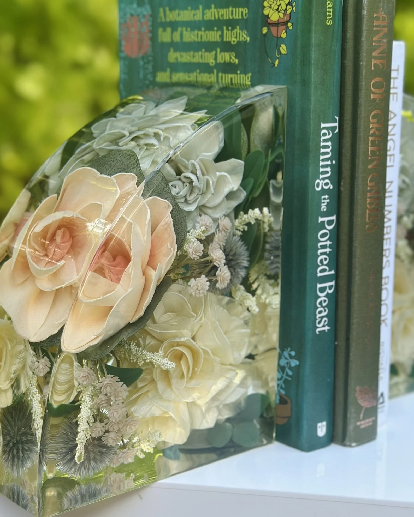 Wedding bouquet preserved in custom floral resin bookends – Omaha floral preservation artist