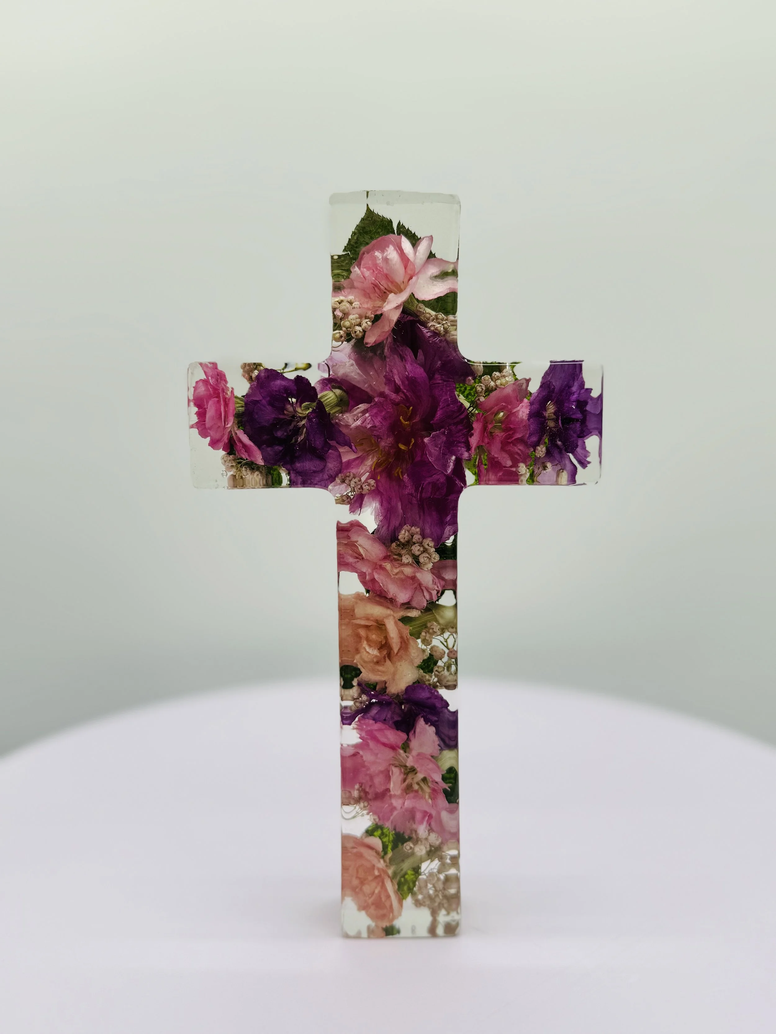 Wedding bouquet preserved in custom floral resin cross – Omaha floral preservation artist