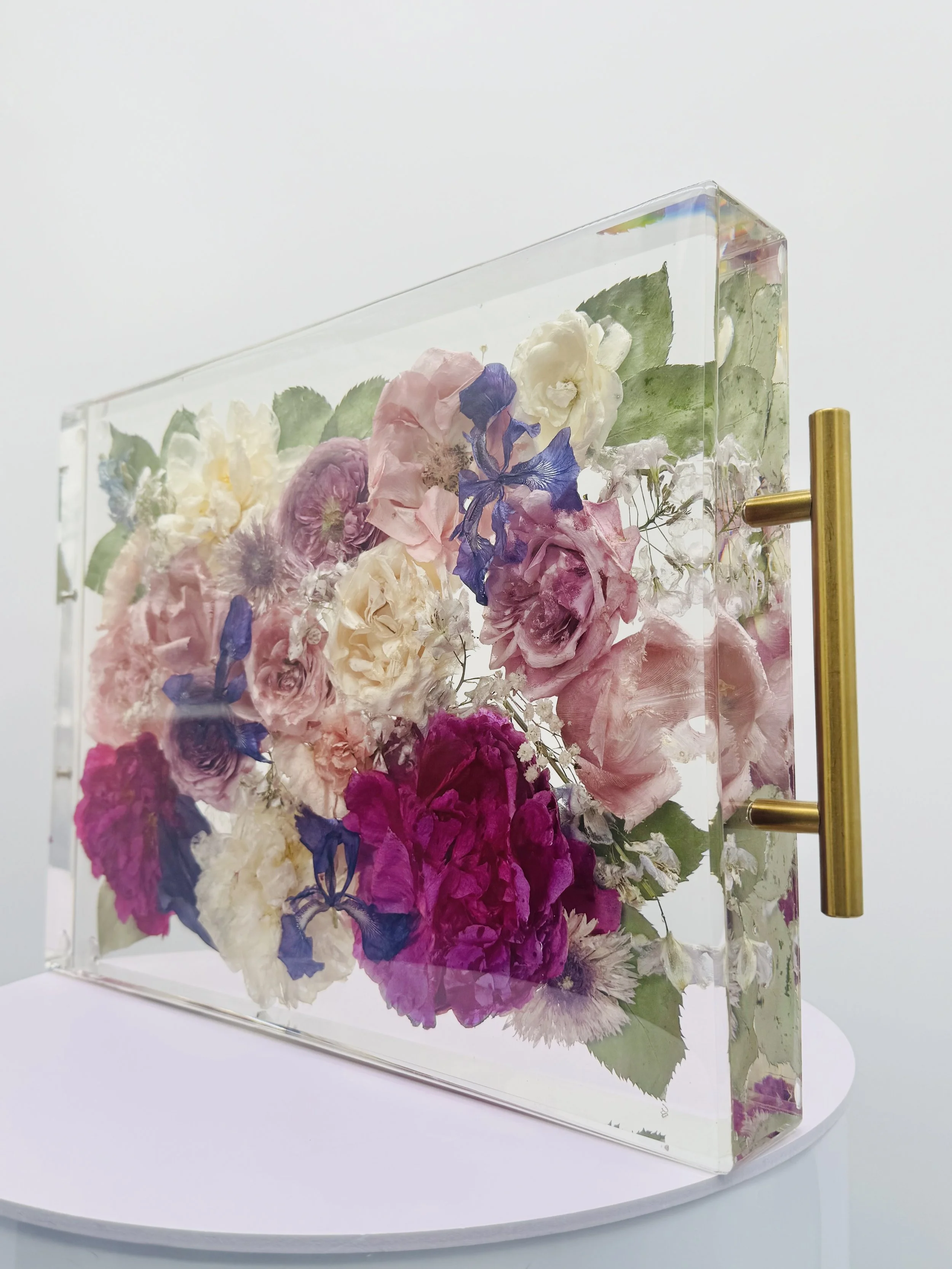 memorial flowers preserved in resin floral serving tray