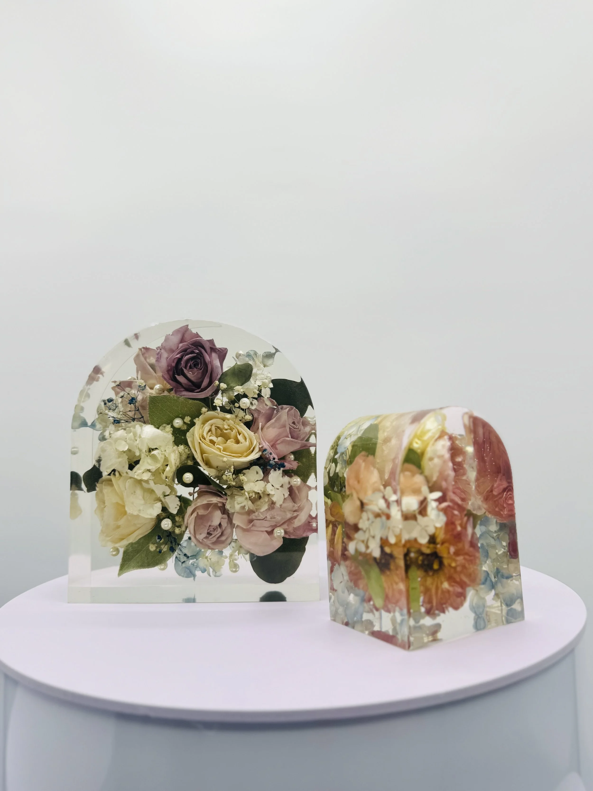Wedding bouquet preserved in custom floral resin arch – Omaha floral preservation artist