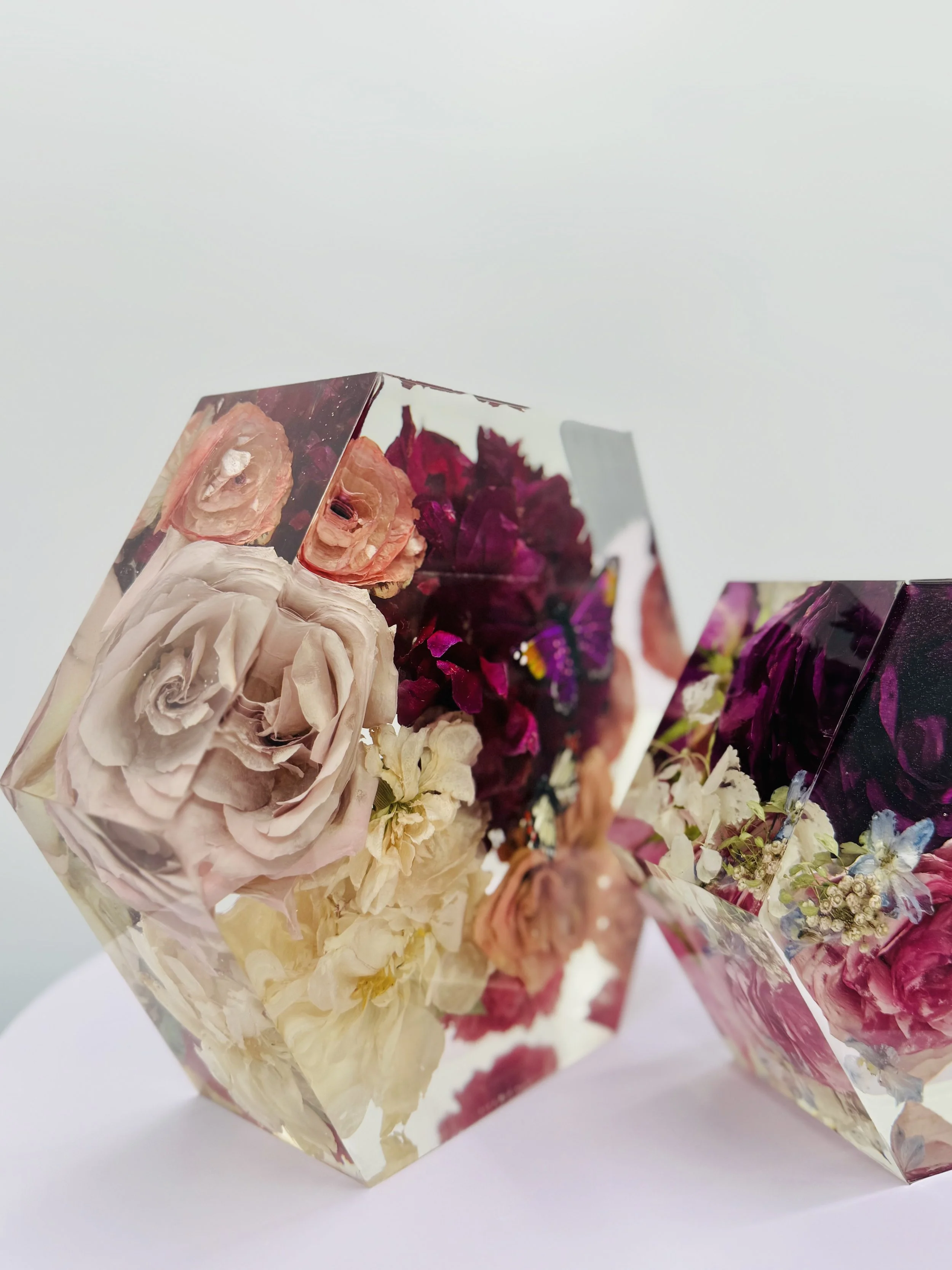 Custom floral hexagons for wedding bouquet and memorial flower preservation, handcrafted in Omaha, Nebraska