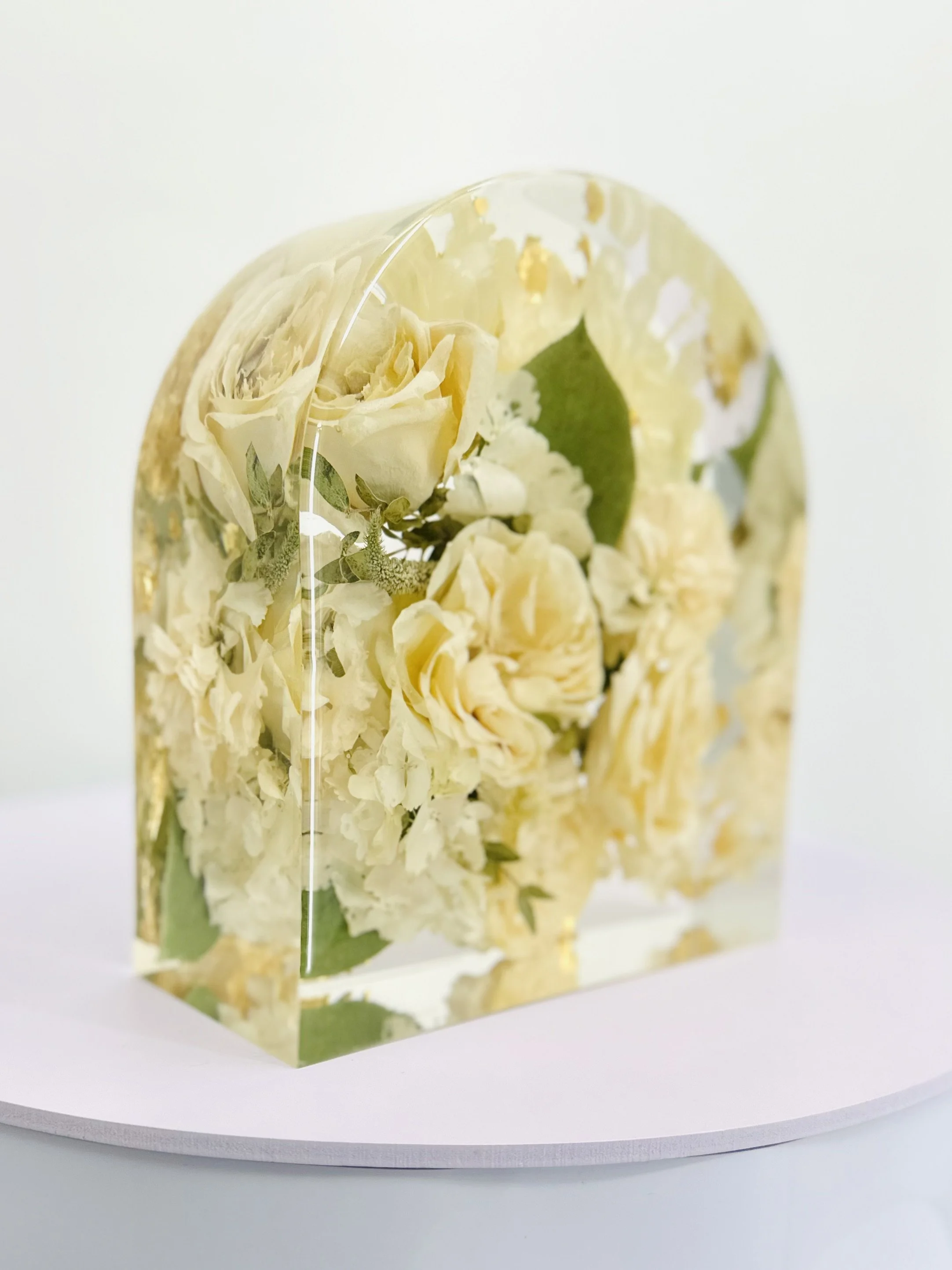 Wedding bouquet preserved in custom floral resin arch – Omaha floral preservation artist
