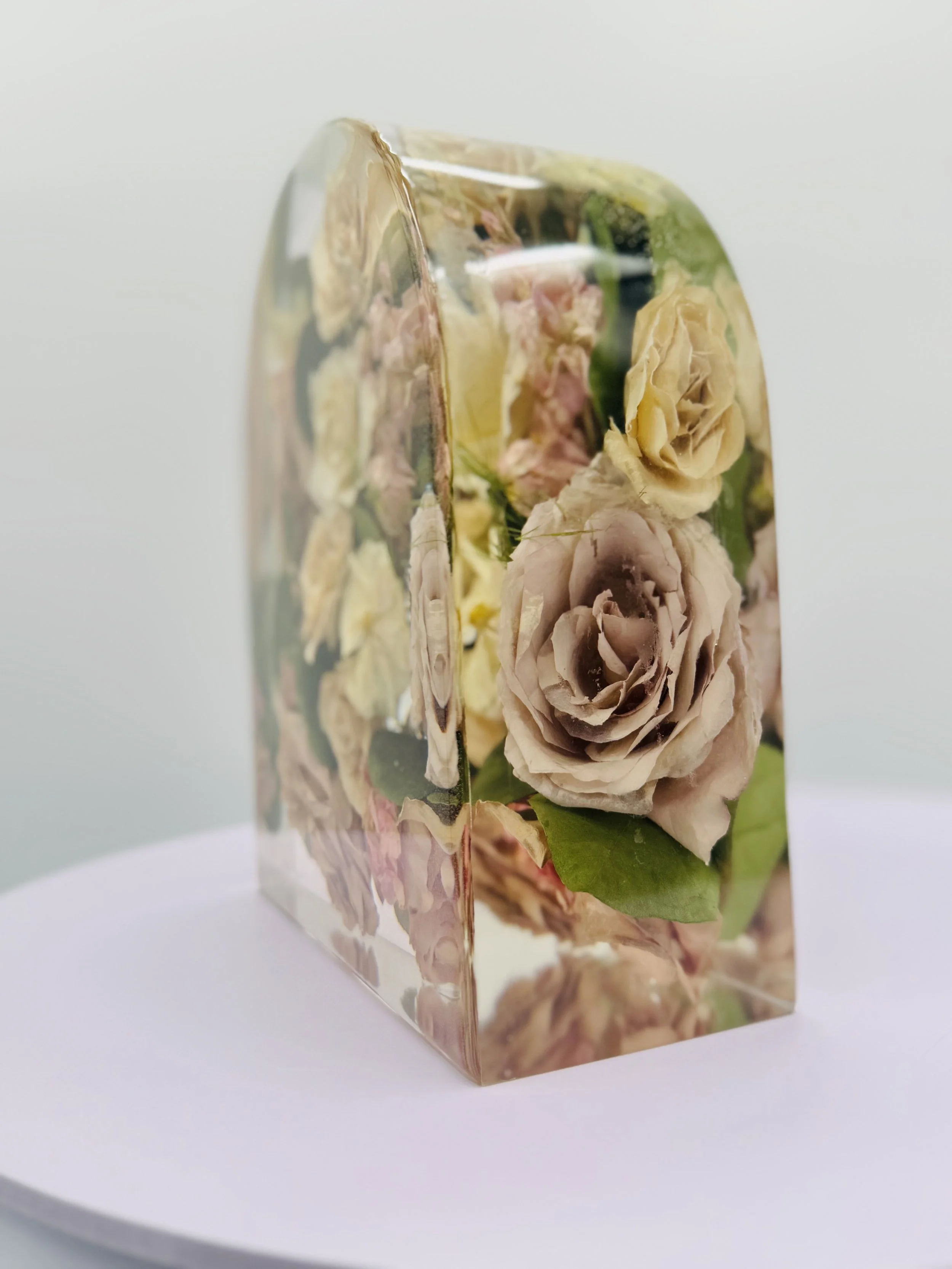 Wedding bouquet preserved in custom floral resin arch – Omaha floral preservation artist